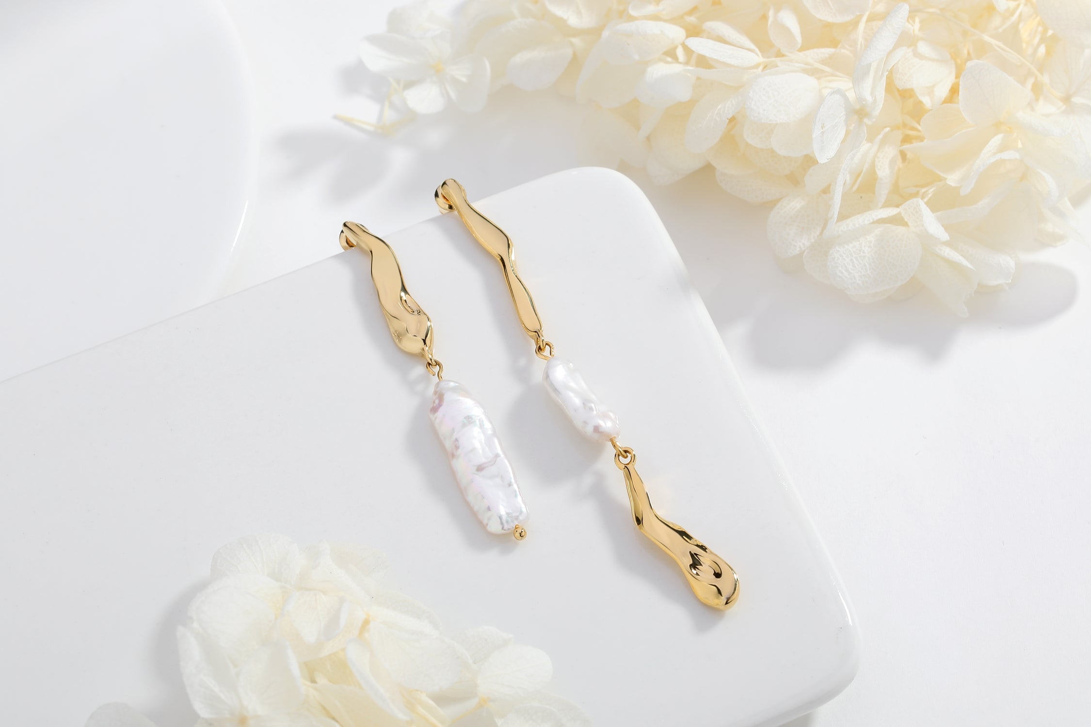 Gold Asymmetrical Molten Baroque Pearl Earrings