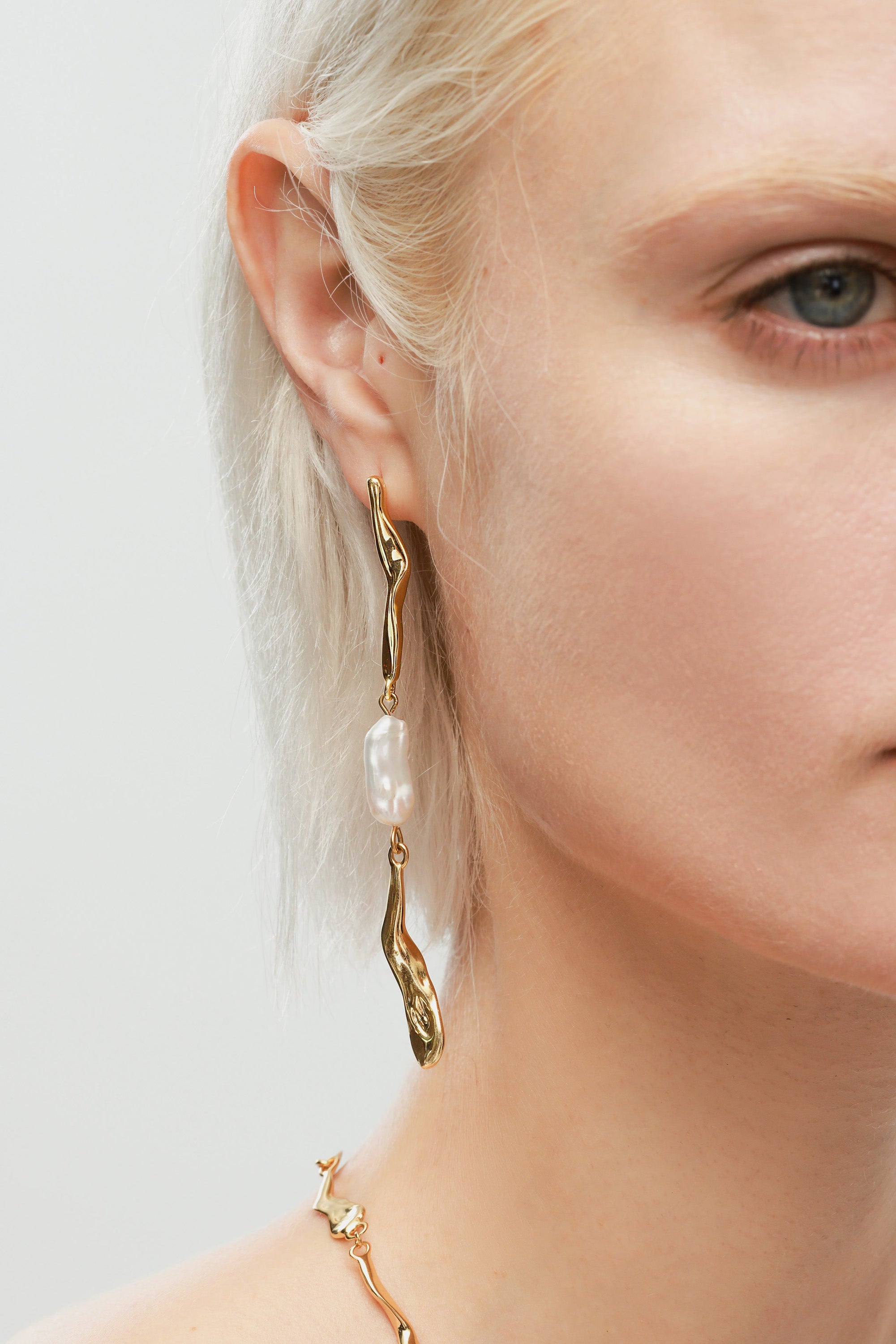 Gold Asymmetrical Molten Baroque Pearl Earrings