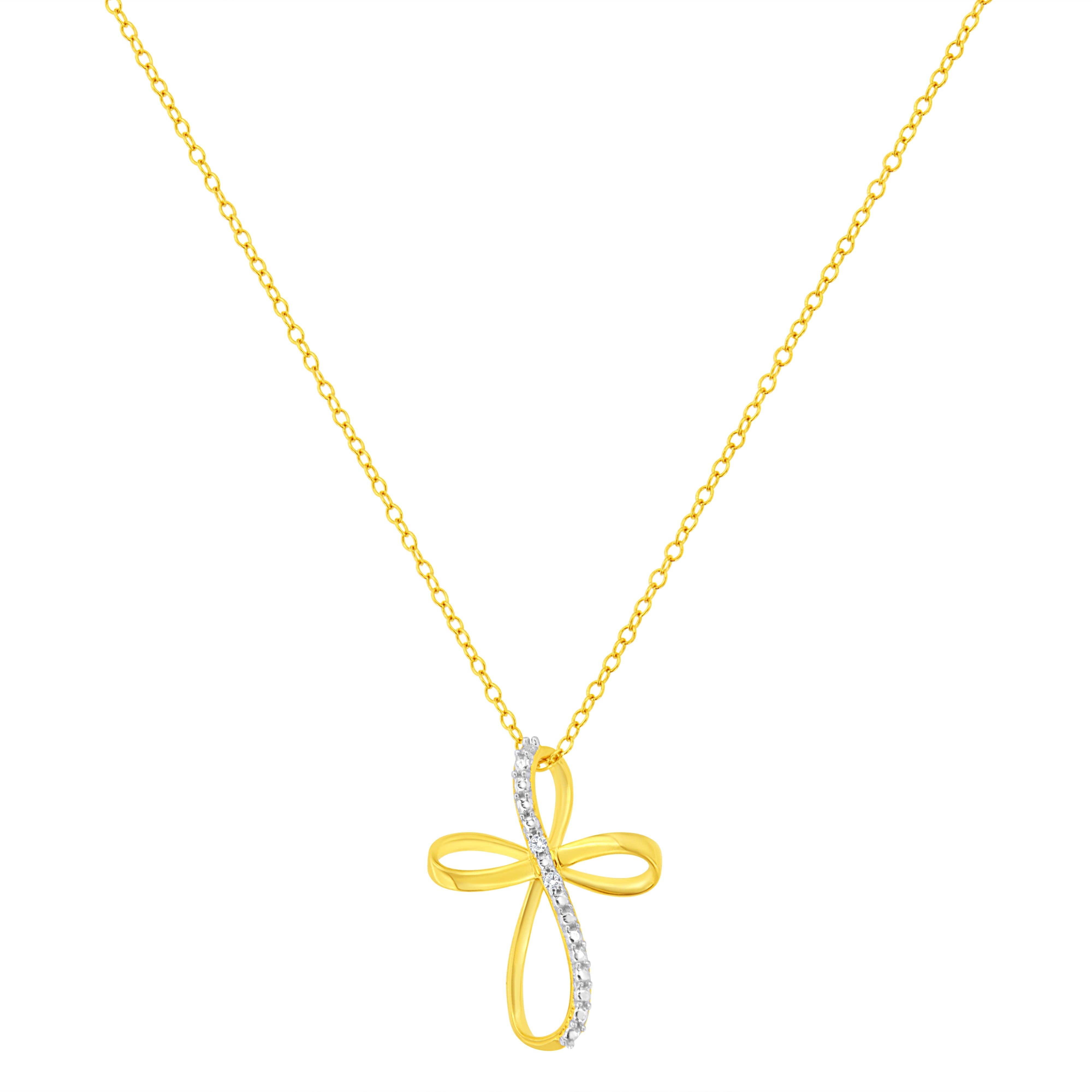 10K Yellow Gold Plated .925 Sterling Silver Diamond Accent Cross Ribbon 18" Pendant Necklace (I-J Color, I2-I3 Clarity)
