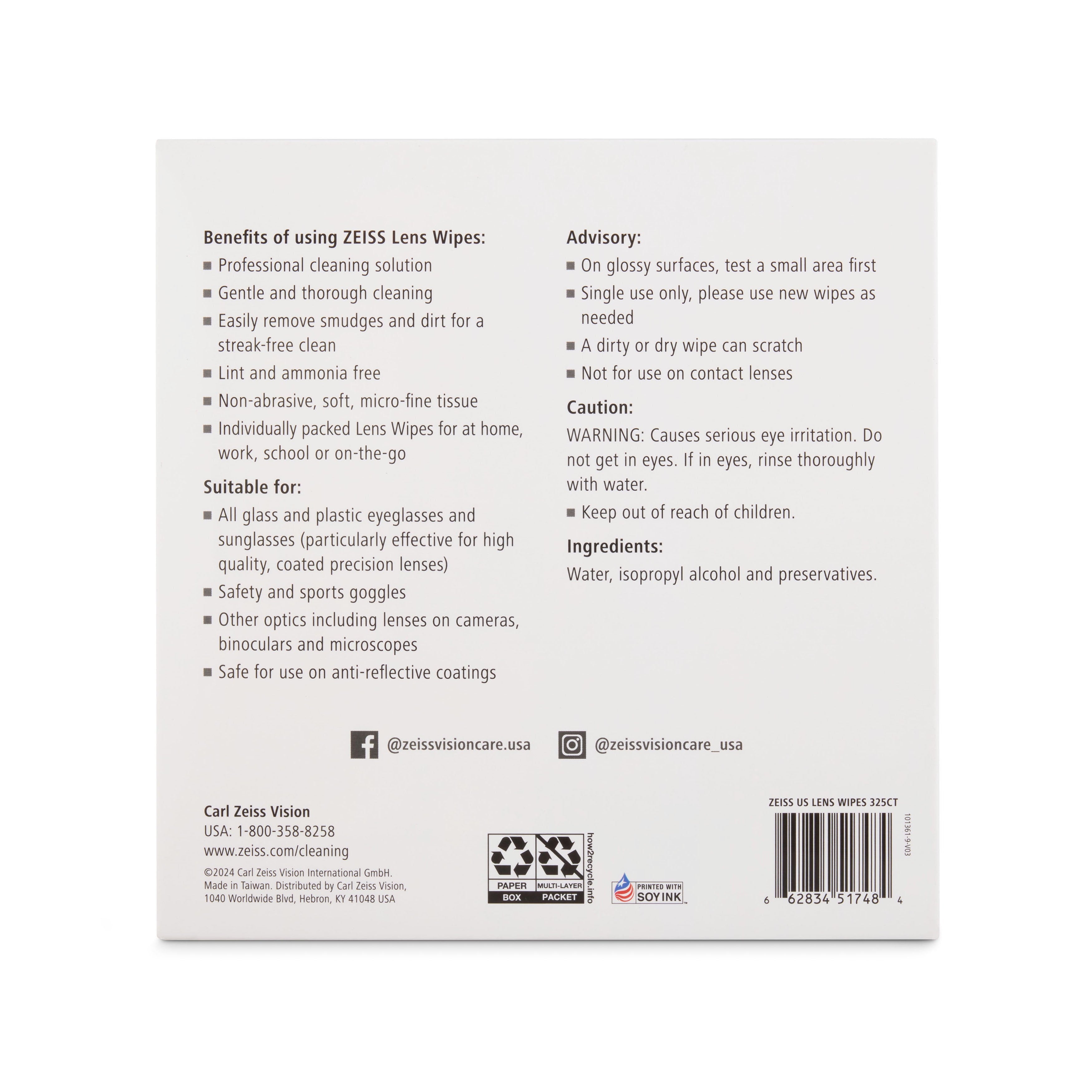 ZEISS Gentle and Thorough Cleaning Eyeglass Lens Cleaning Wipes, 325 Count Lens Wipes