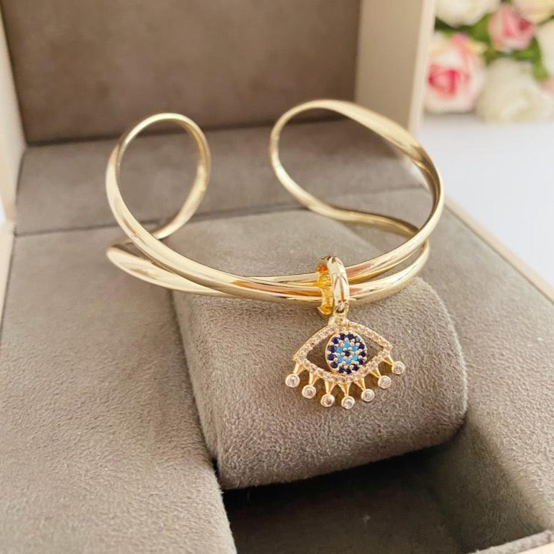 Evil Eye Bangle Bracelet, Adjustable Wide Cuff Bracelet, Gold Cuff