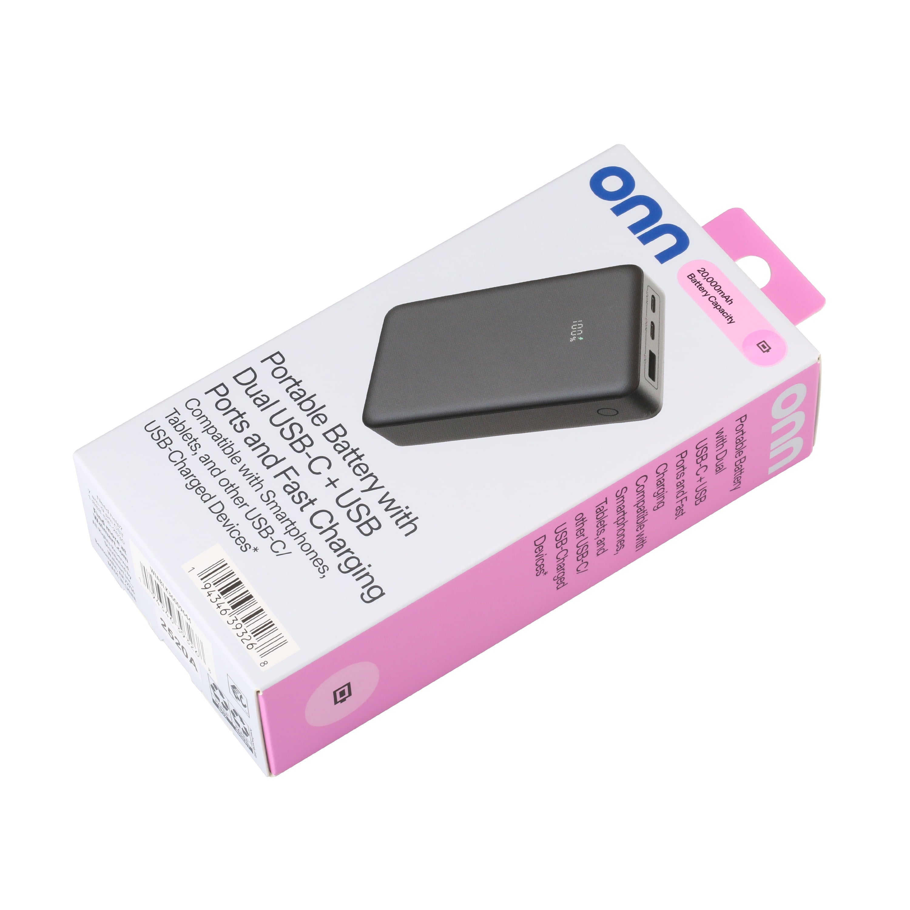 Onn 20,000 mAh Portable Battery, Fast charging 20W, with Digital Readout, Dual USB-C ports + USB-A port, Black
