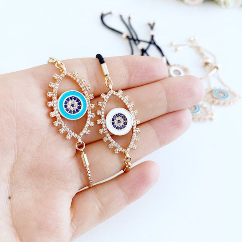 Eye shaped Evil Eye Bracelet, Adjustable Greek Evil Eye Bracelet, Rose