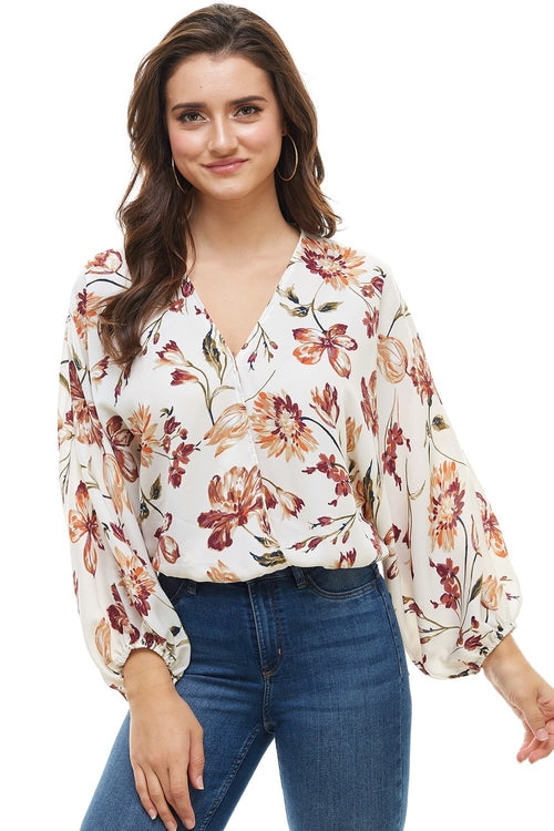 Floral Wide Sleeve Surplice Blouse