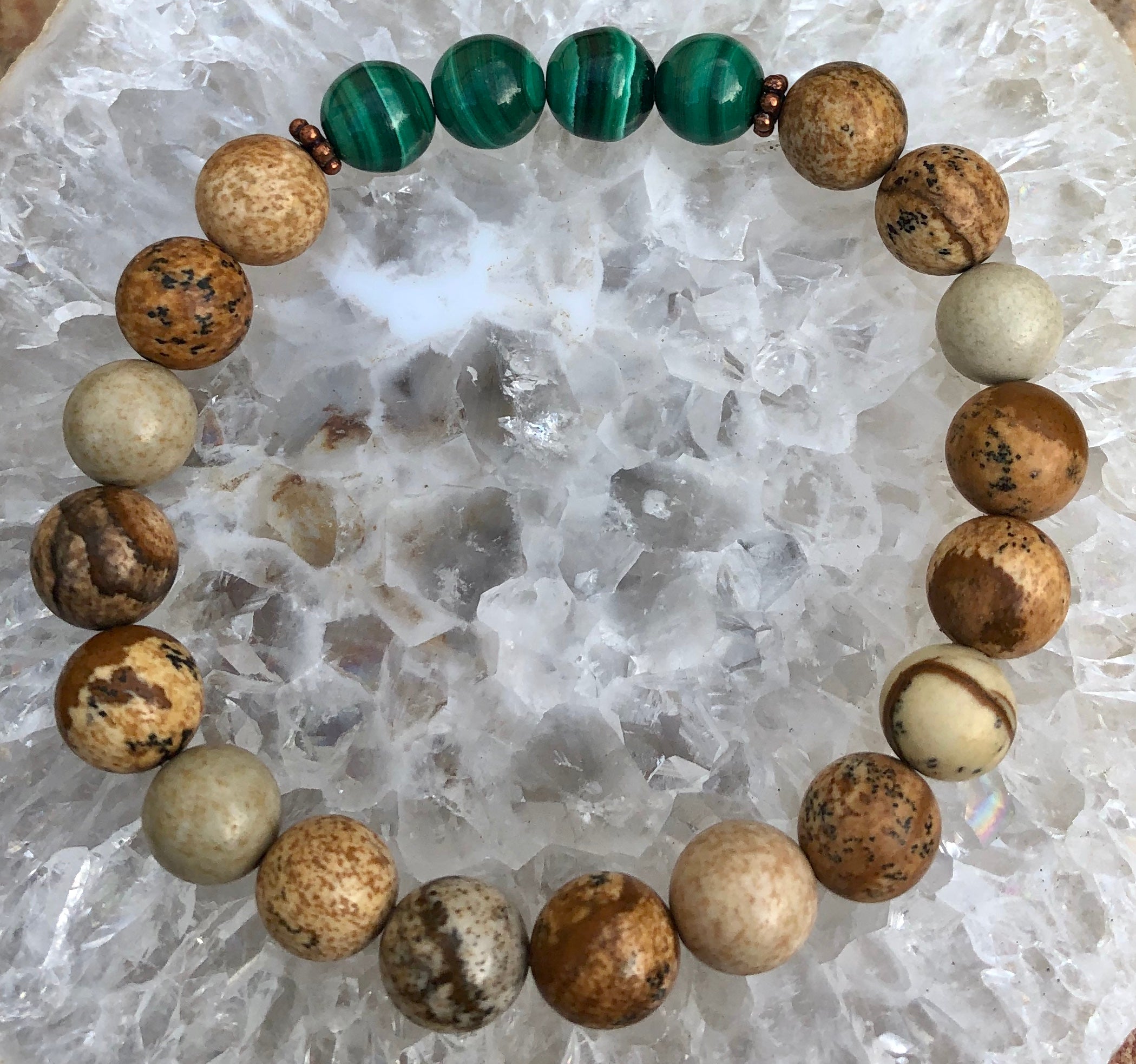 Genuine Malachite & Picture Jasper Stretch Bracelet! Rare Gemstone