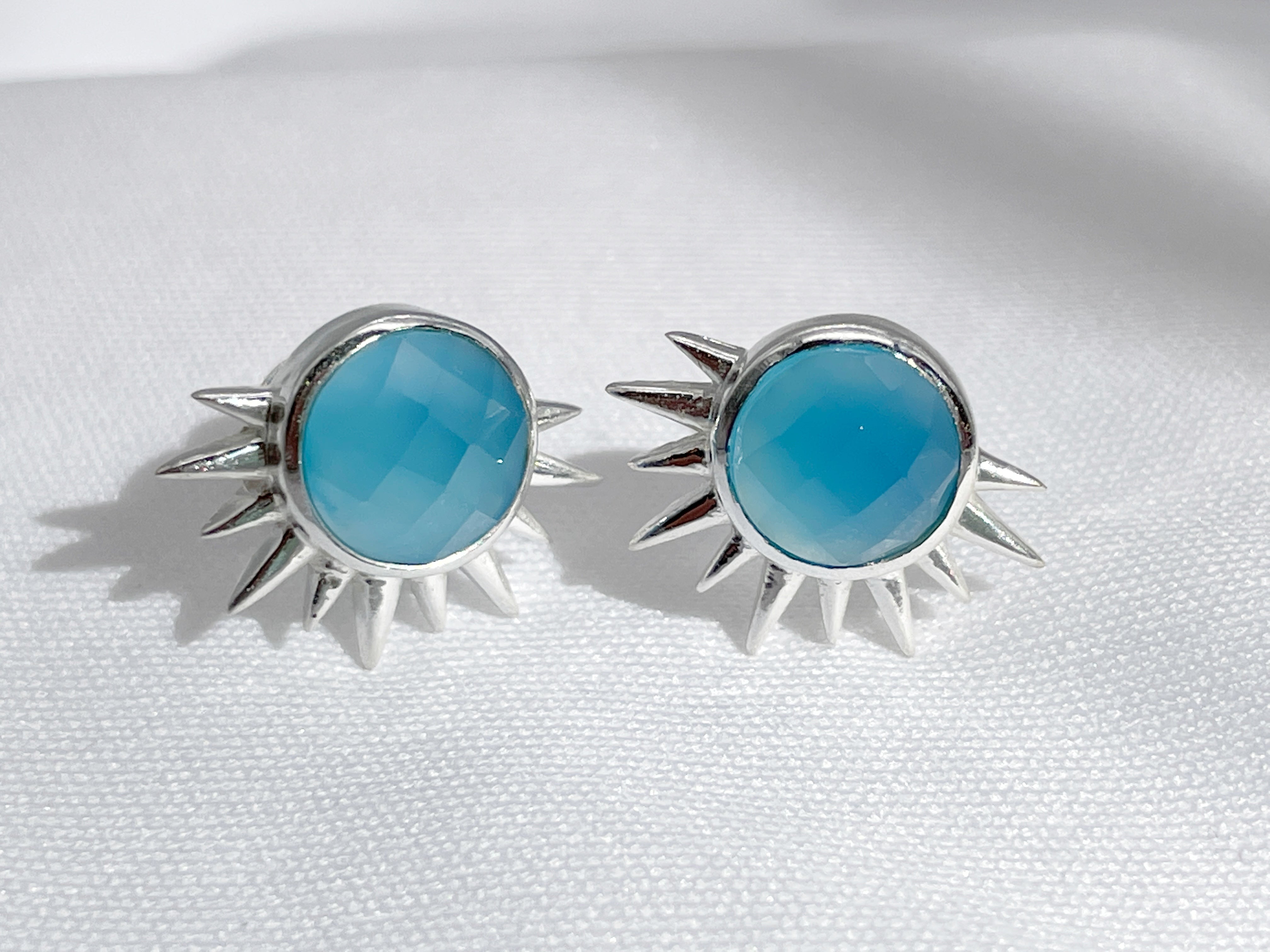 Blue Chalcedony Sterling Silver Sun Point Earrings