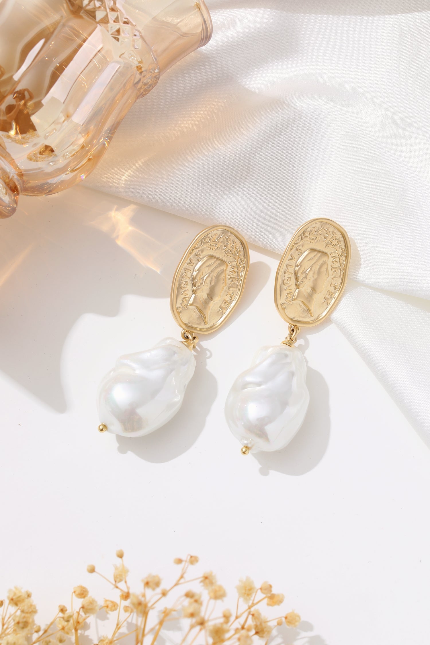 Matted Gold Sculpted Oversized Baroque Pearl Drop Earrings