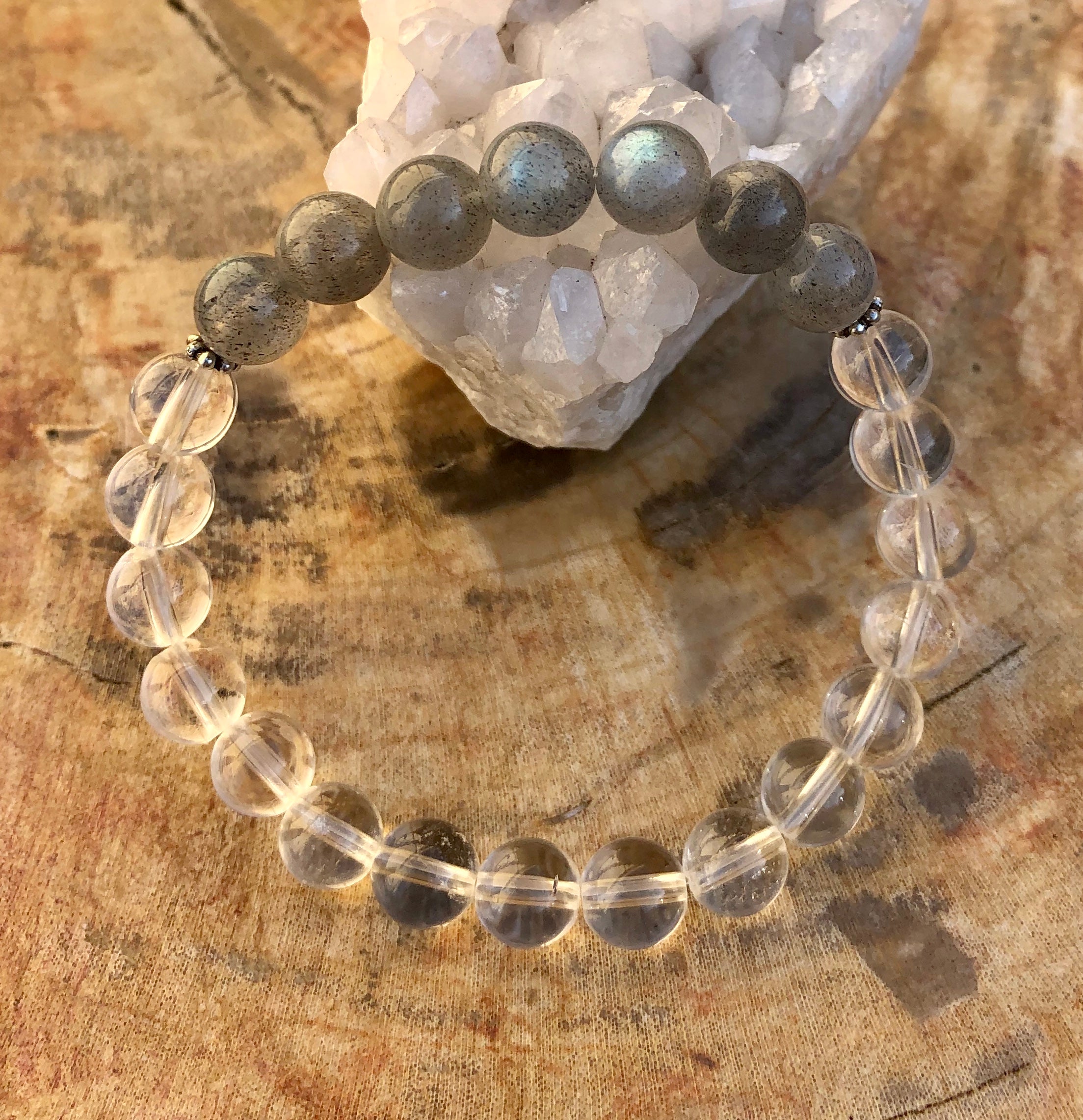 Labradorite & Crystal Quartz Stretch Bracelet! Blue Flash & Handmade!