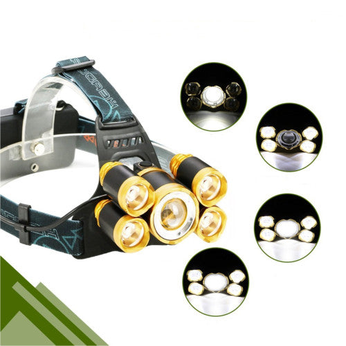 Super Bright 5 LED Zoomable Headlight Waterproof Headlamp Rechargable