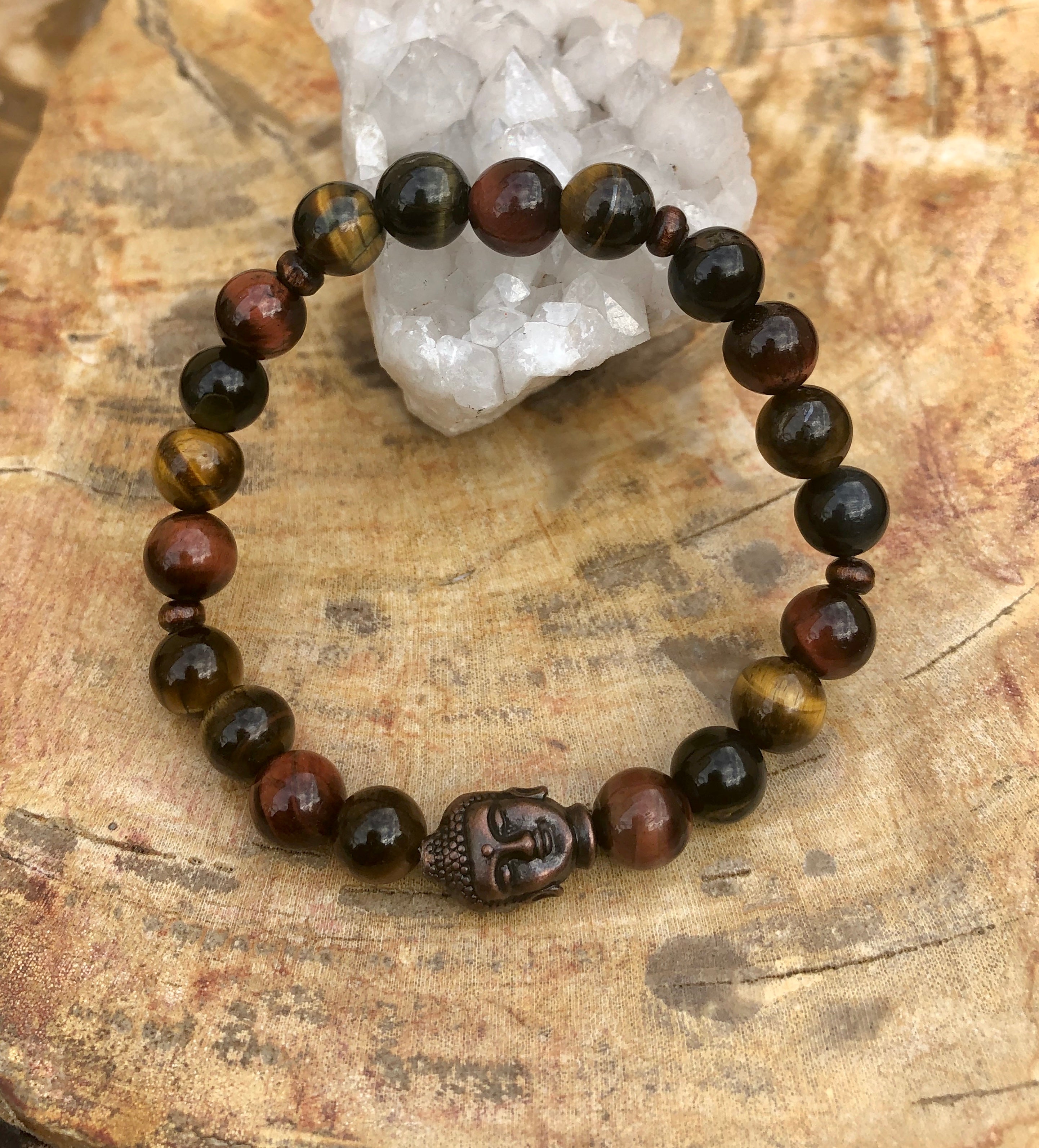 Multi Tiger Eye & Buddha Gemstone Stretch Bracelet