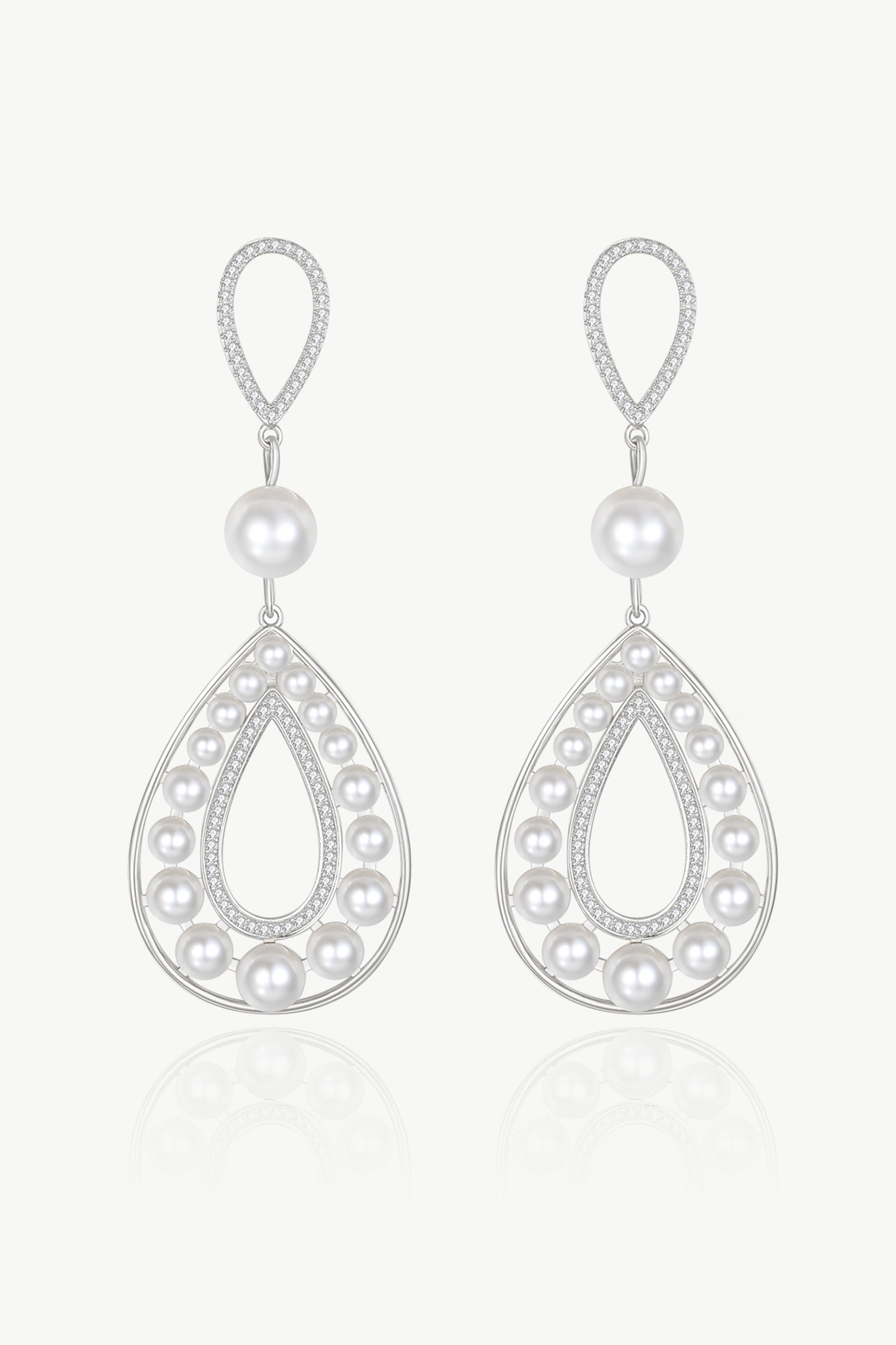 Silver Pearl Hollow Teardrop Dangle Earrings