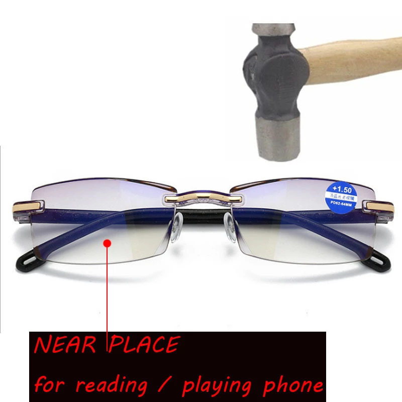 Rimless Reading Glasses Bifocal Far Near Anti Blue Light Magnification