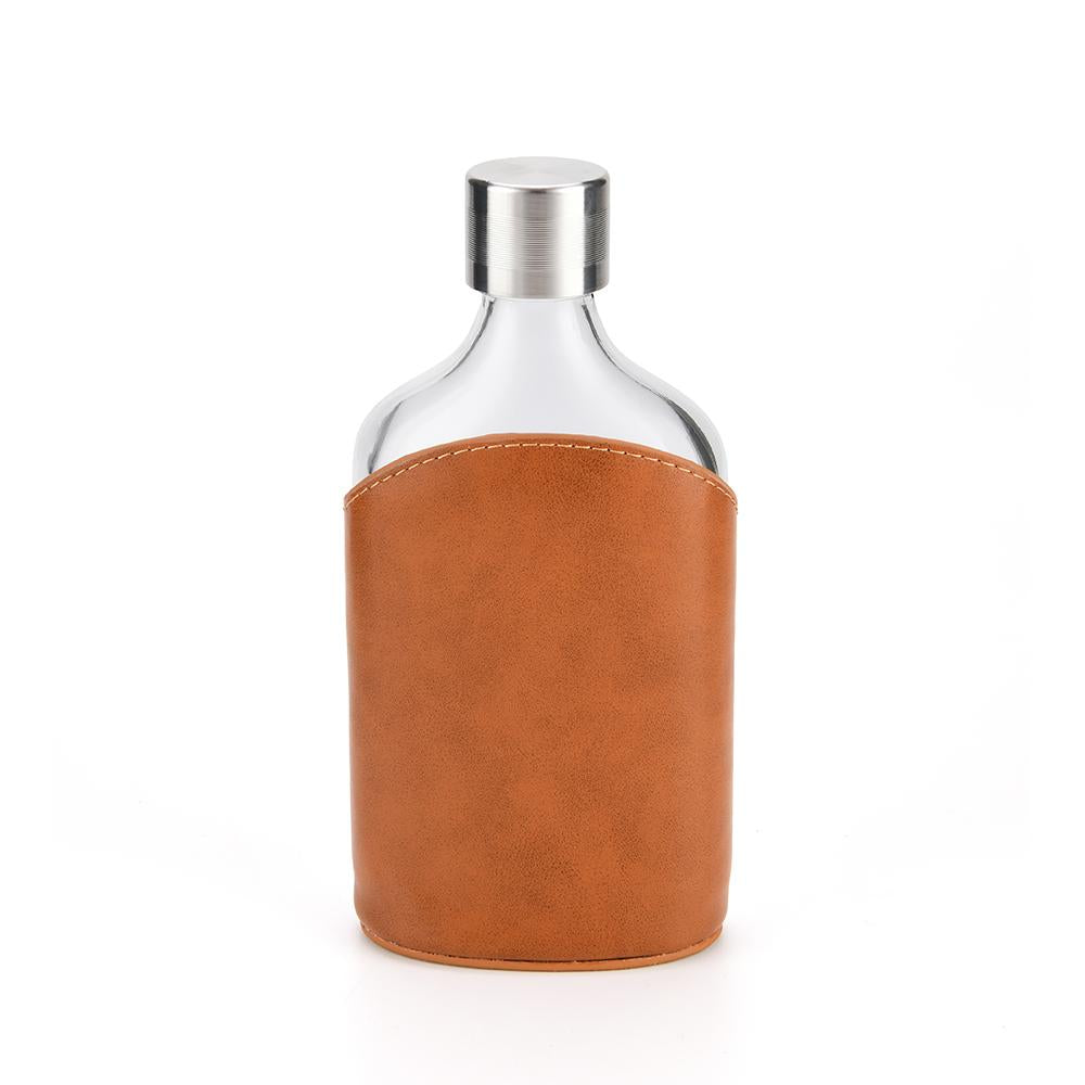 Glass Flask with Cap - Hip Flask - Genuine Brown Leather Pouch Holder