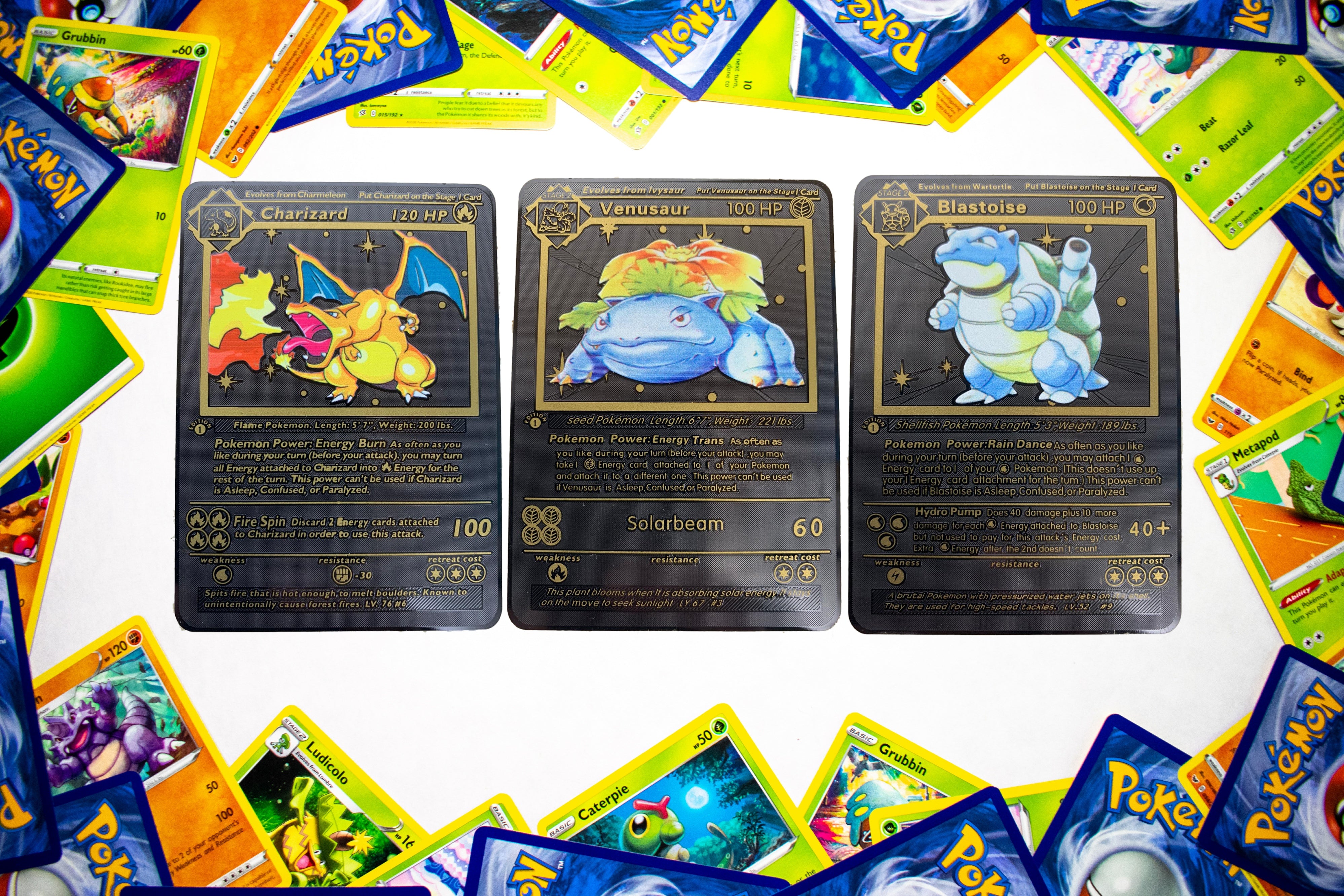 Metal Pokemon Cards Charizard Blastoise Venusaur Base Set Black