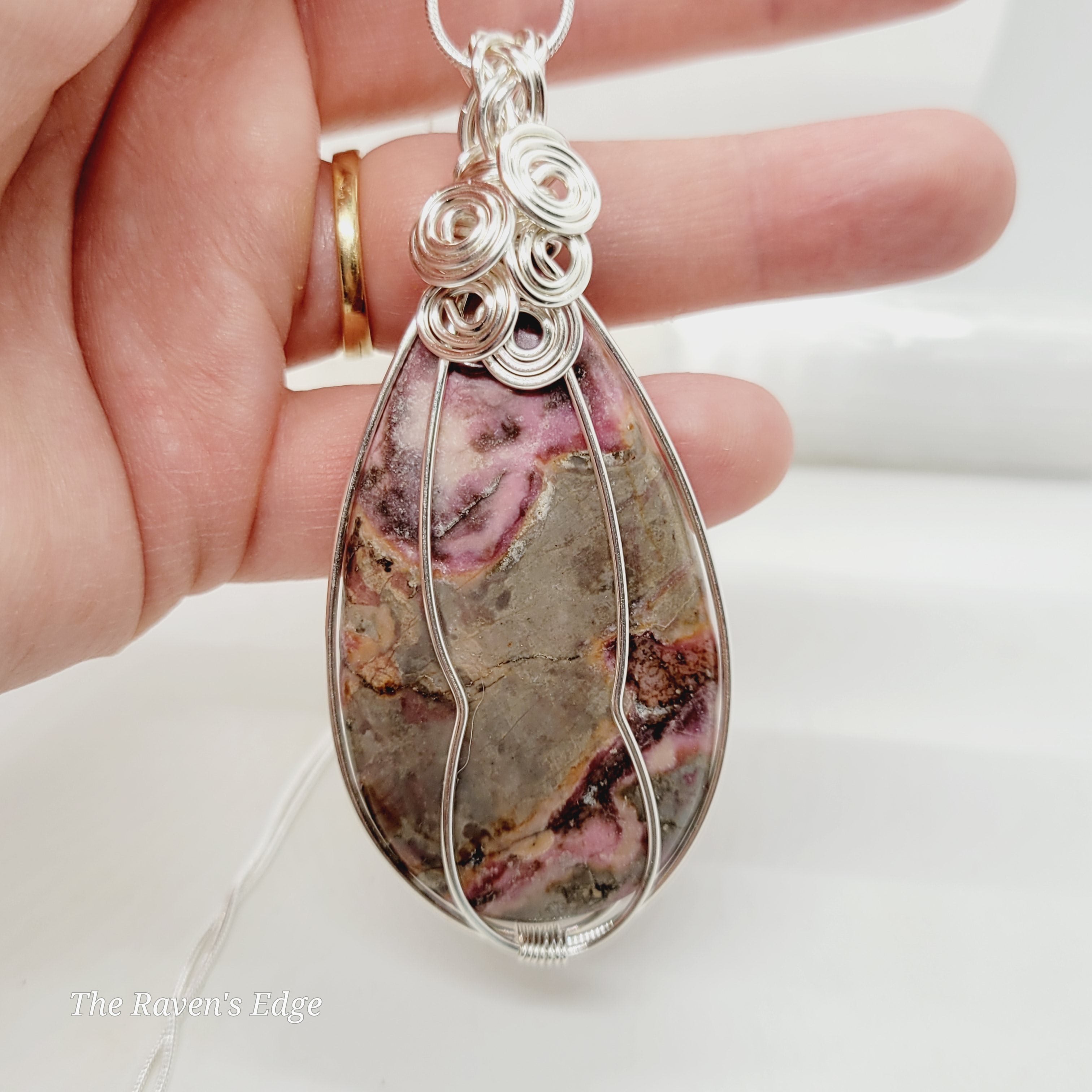 Rhodonite Crystal Teardrop Wire Wrapped Pendant Handmade