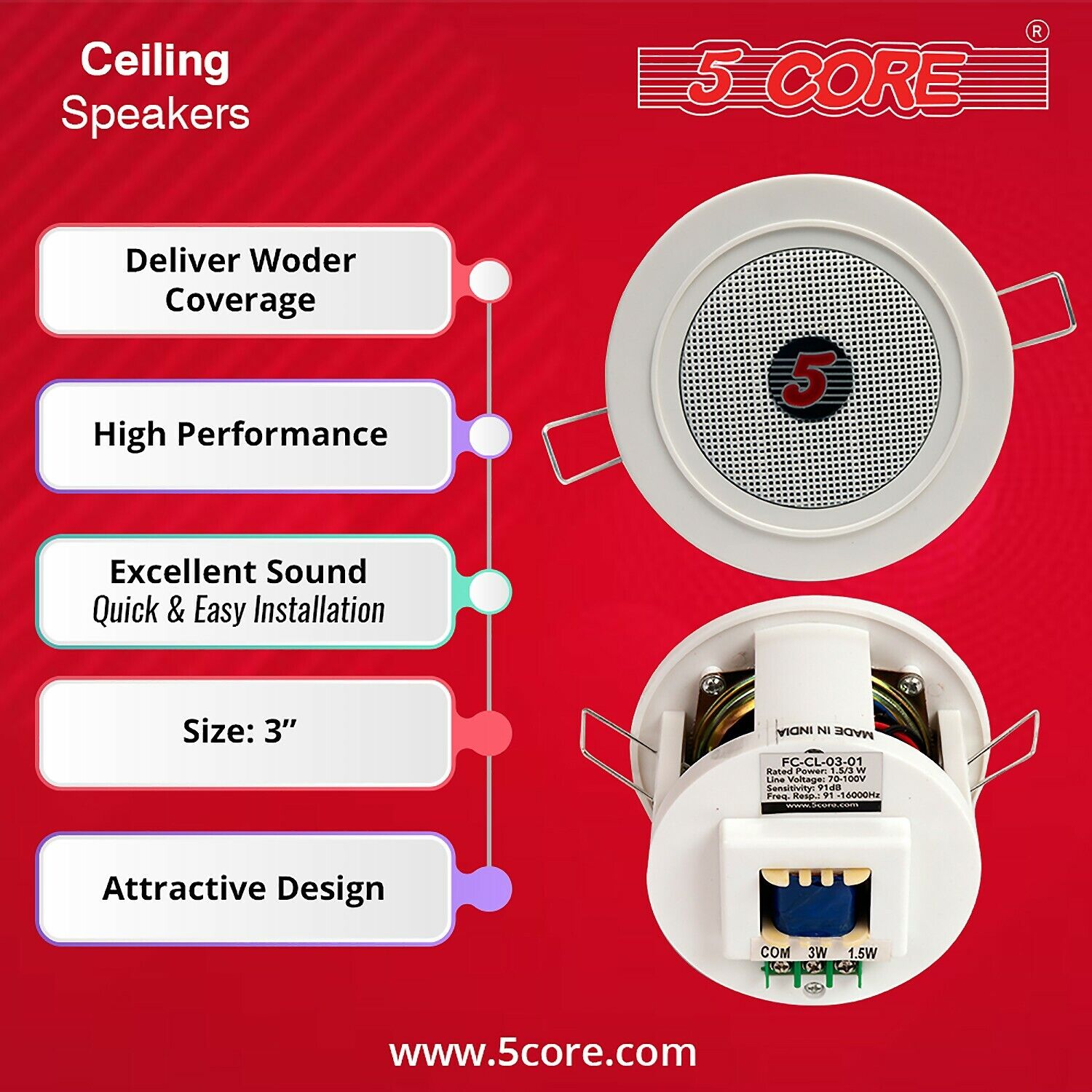 5 Core Premium 3 inch Ceiling Speaker Outdoor Speaker Wired Waterproof