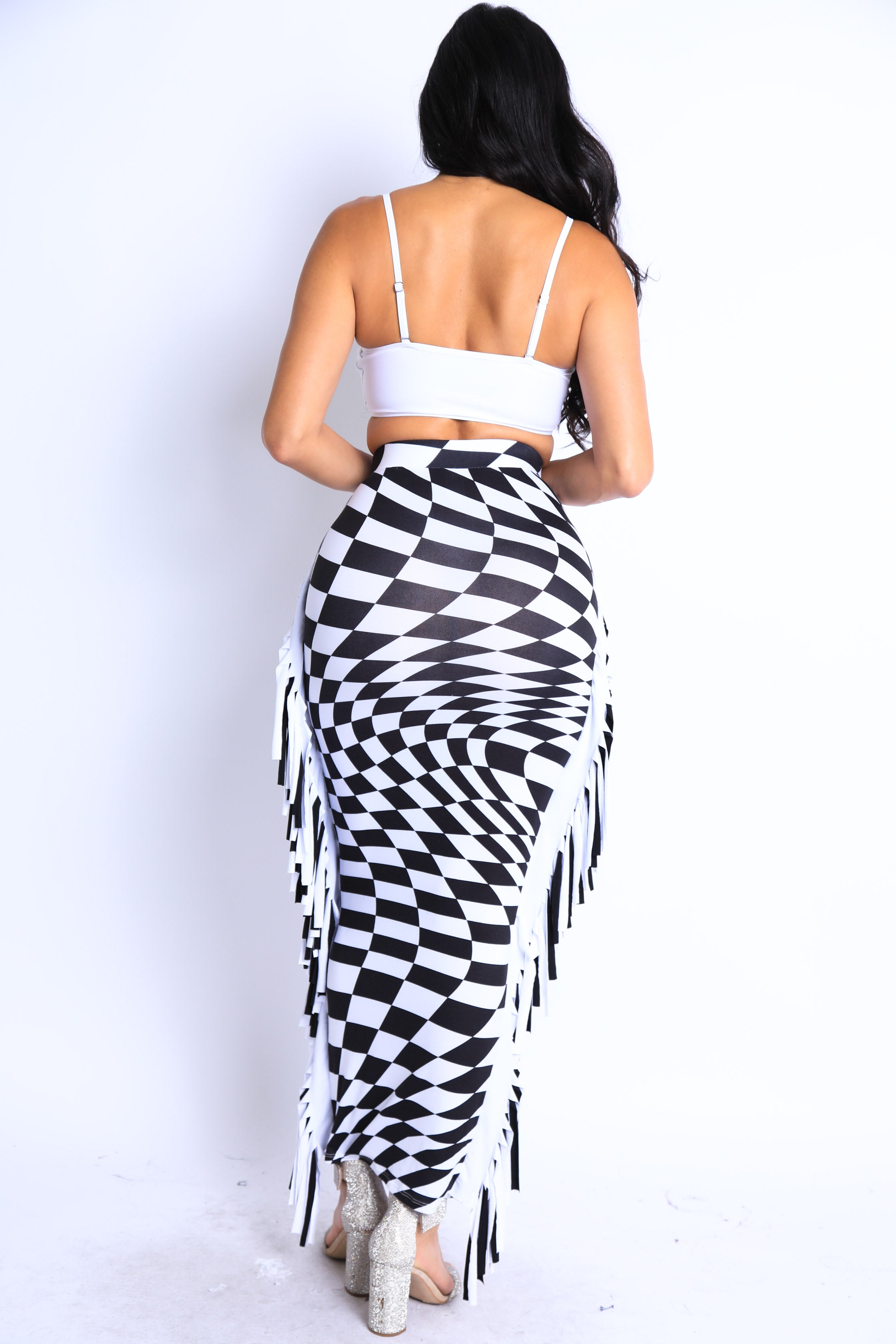 Checkered Elastic High Waist Stretch Bodycon Maxi Pencil Skirt