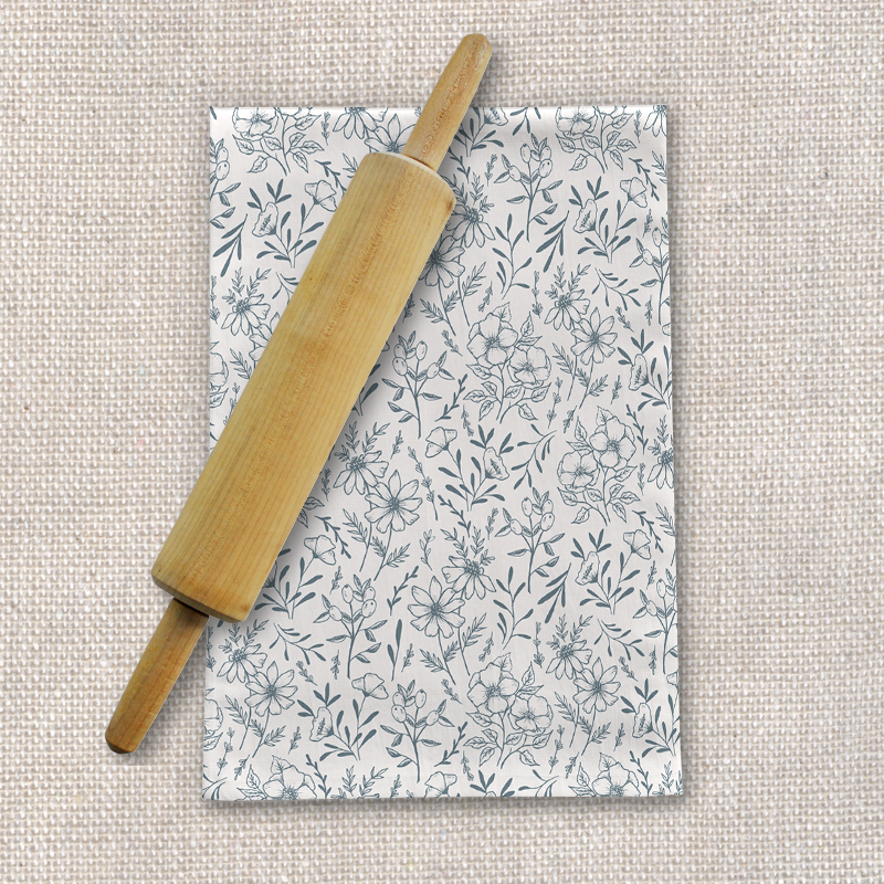 Blue Gray Flower Tea Towel