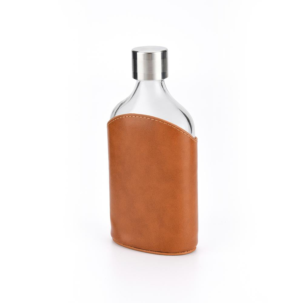 Glass Flask with Cap - Hip Flask - Genuine Brown Leather Pouch Holder