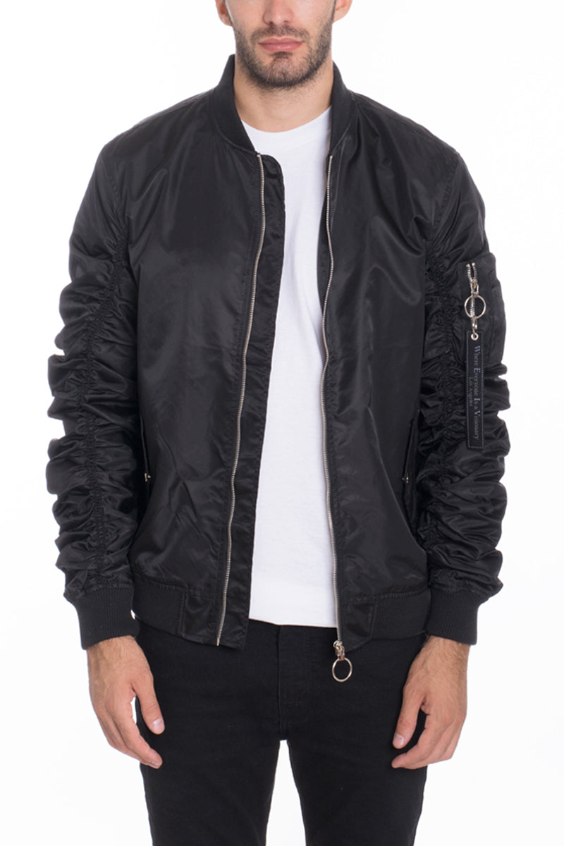 Solid Polyester Scrunched Windbreaker Bomber Jacket