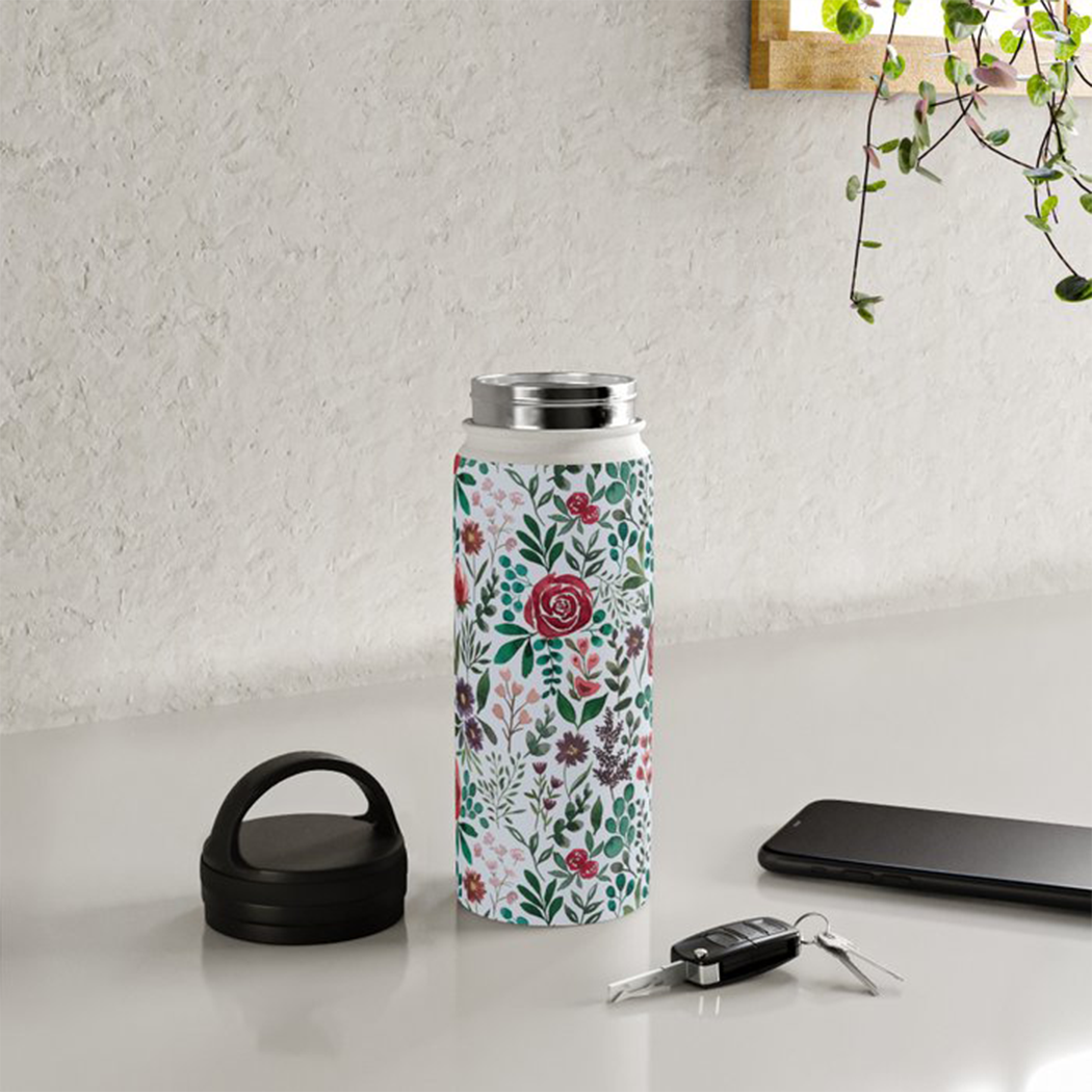 Pink and Purple Flowers Handle Lid Water Bottle