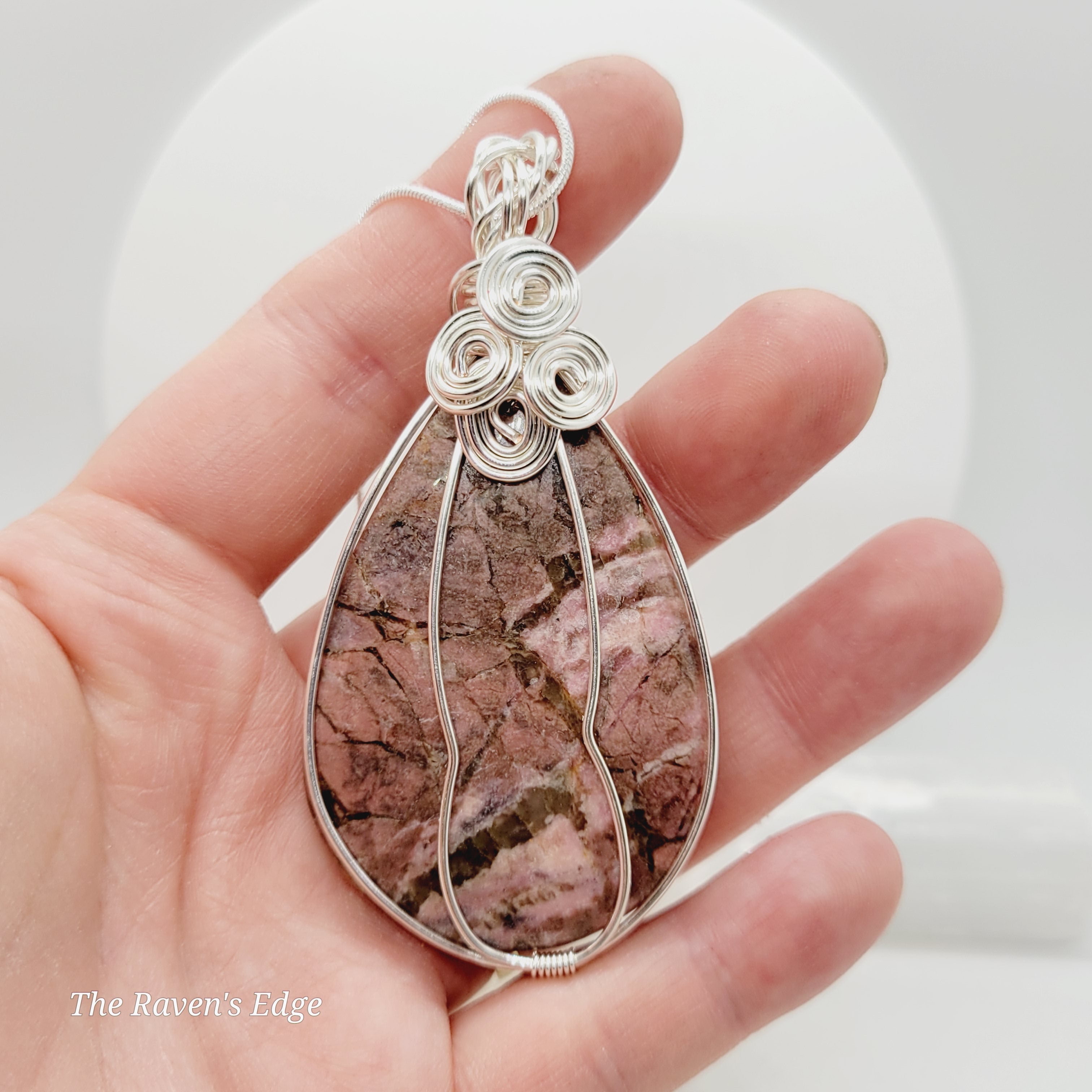 Rhodonite Crystal Teardrop Wire Wrapped Pendant Handmade