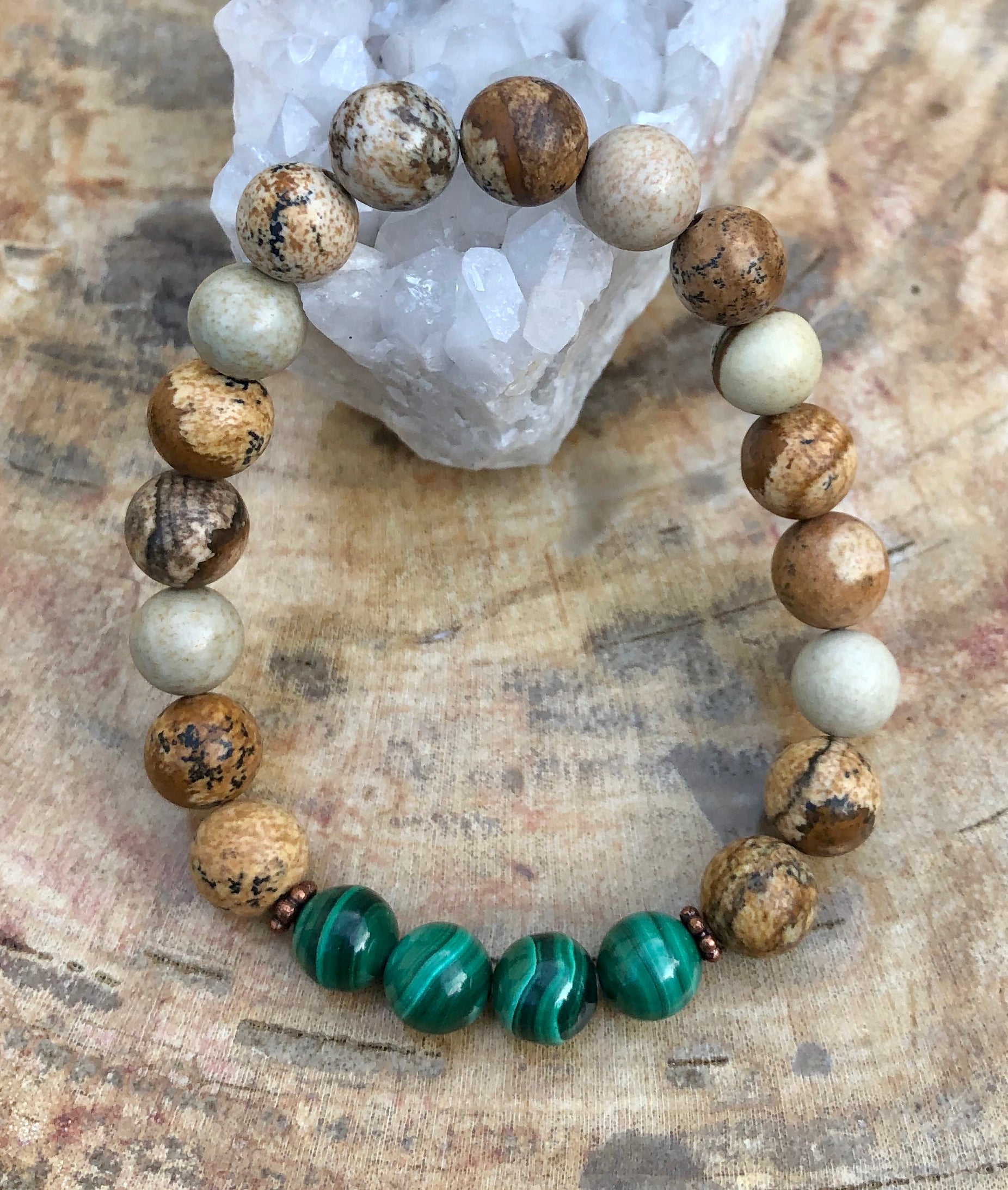 Genuine Malachite & Picture Jasper Stretch Bracelet! Rare Gemstone