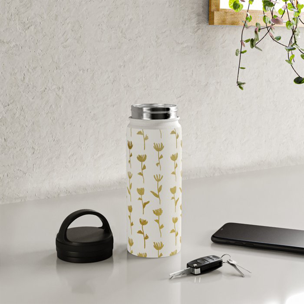 Gold Ink Flower Handle Lid Water Bottle