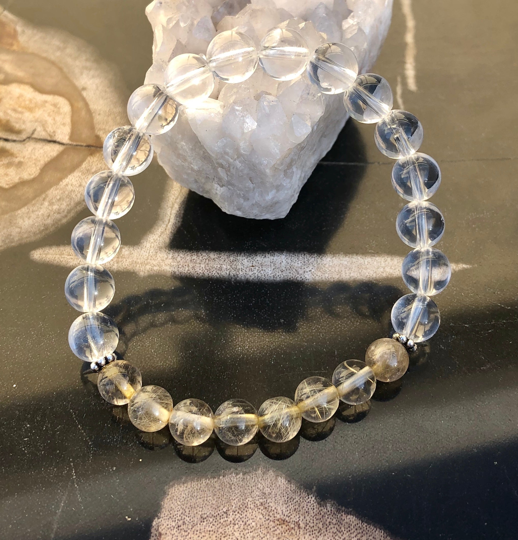 Citrine Rutilated & Crystal Quartz Stretch Bracelet! Genuine Crystals