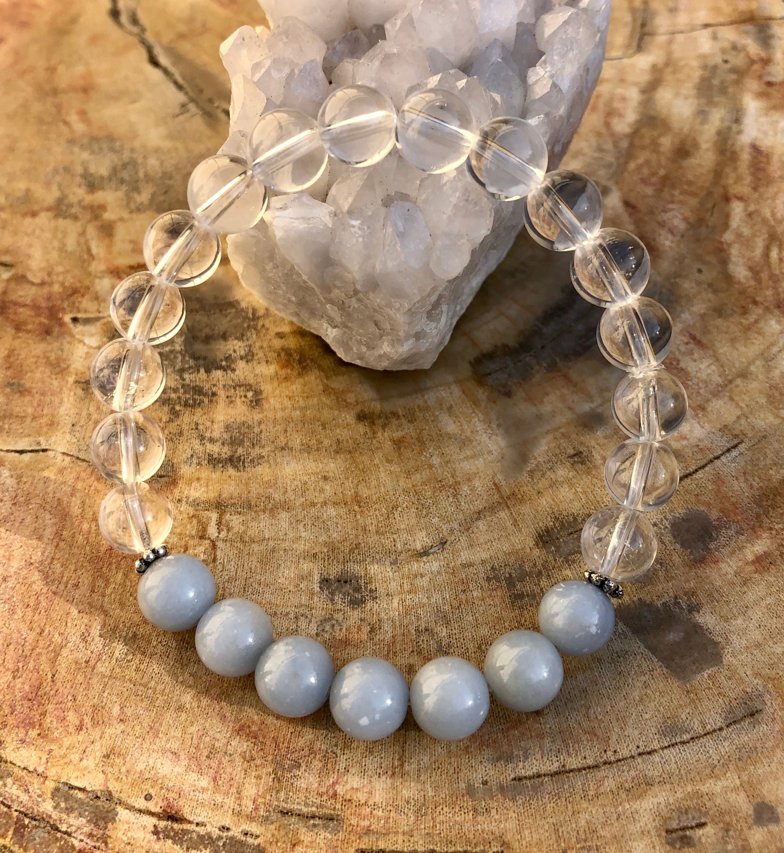 Angelite Celestite & Crystal Quartz Bracelet! Genuine Gemstones!