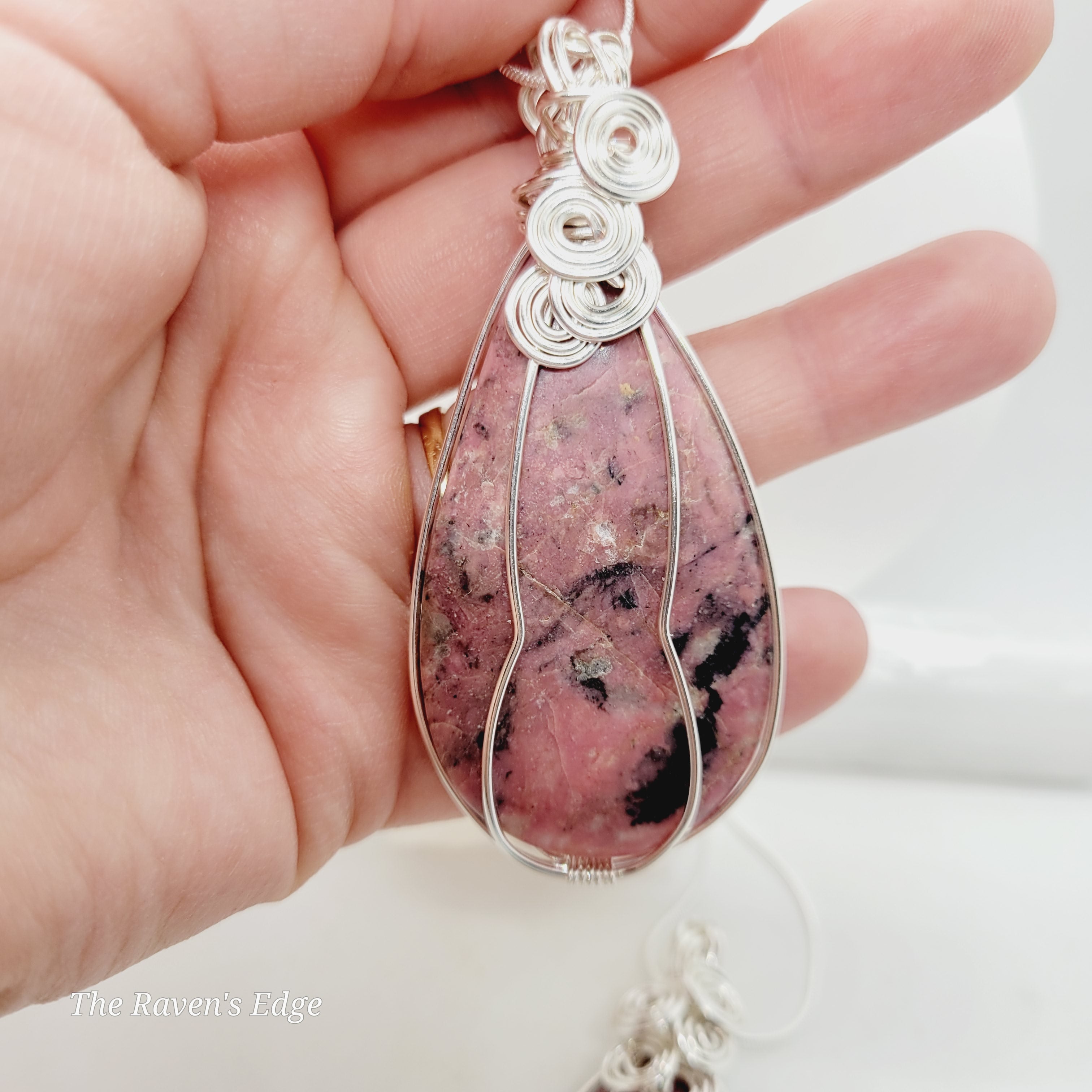 Rhodonite Crystal Teardrop Wire Wrapped Pendant Handmade