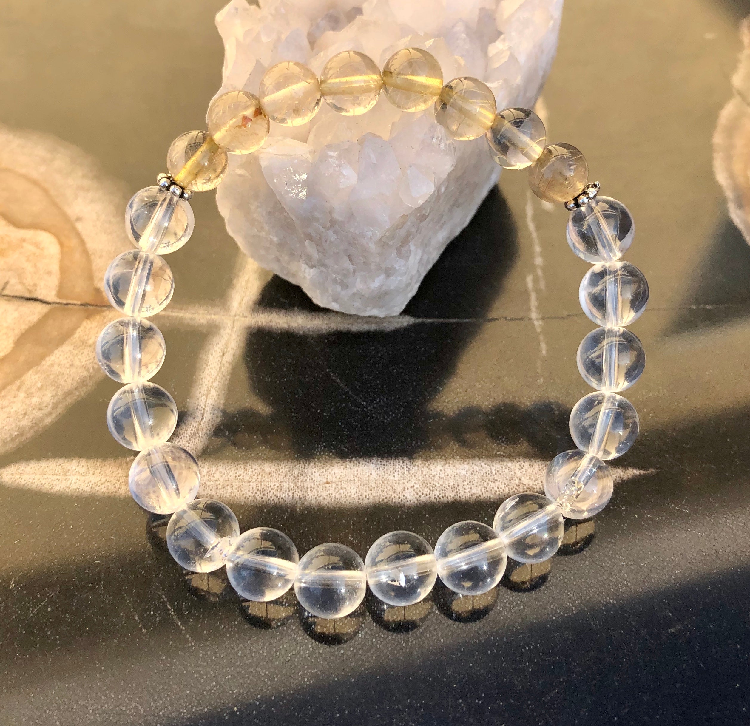 Citrine Rutilated & Crystal Quartz Stretch Bracelet! Genuine Crystals