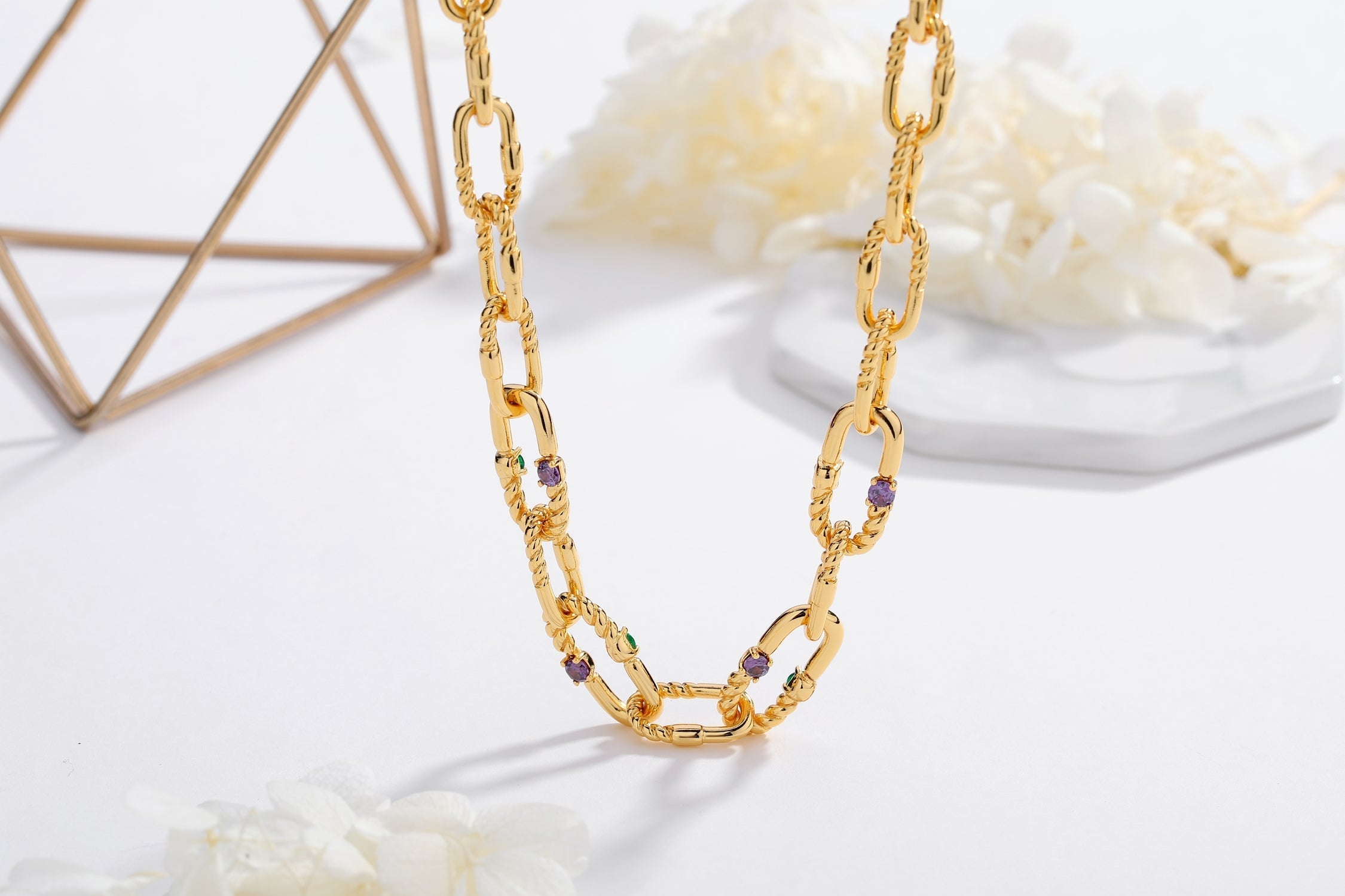 Double Colored Zirconia Gold Chain Necklace
