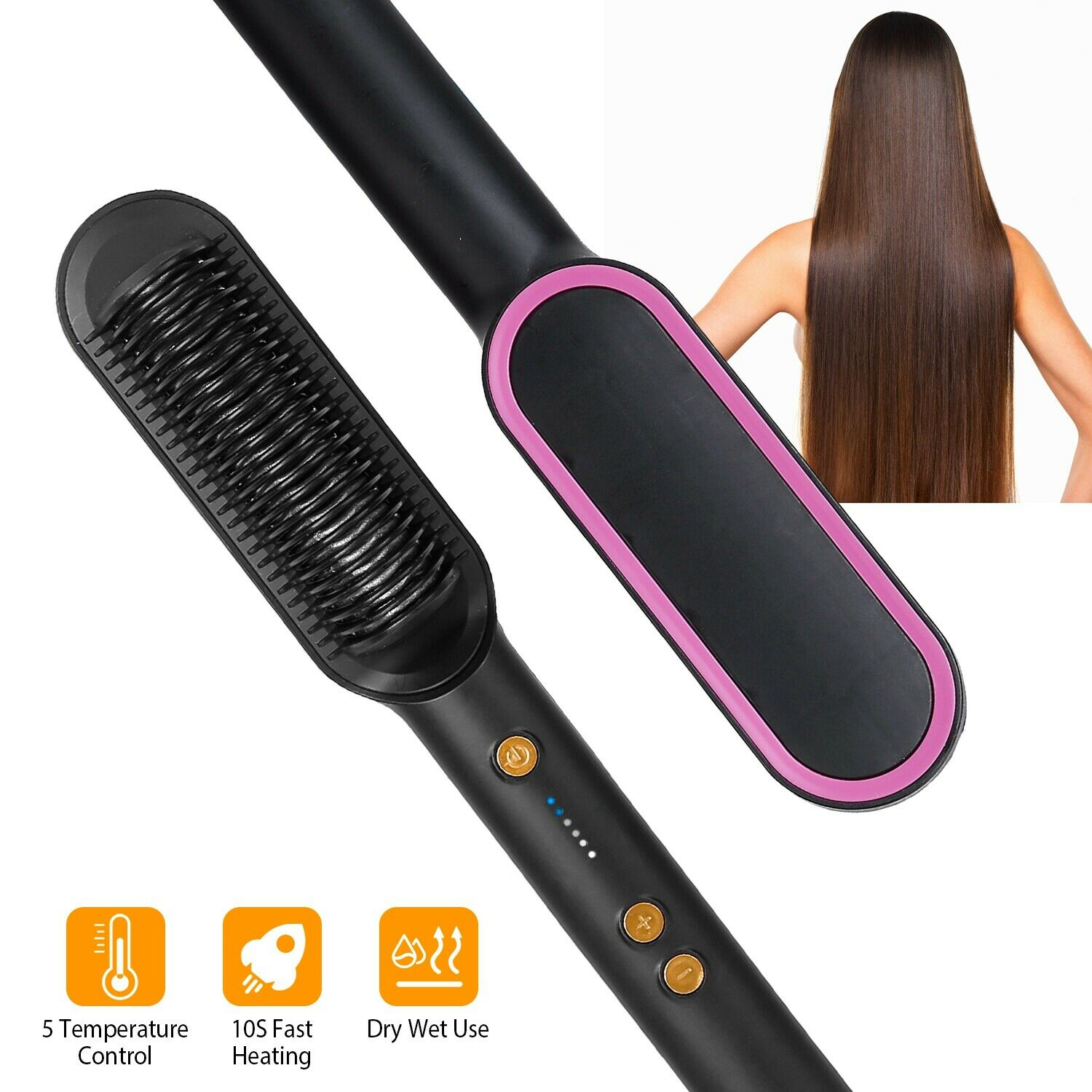 2-in-1 Electric Hair Straightener Brush Hot Comb Adjustment Heat