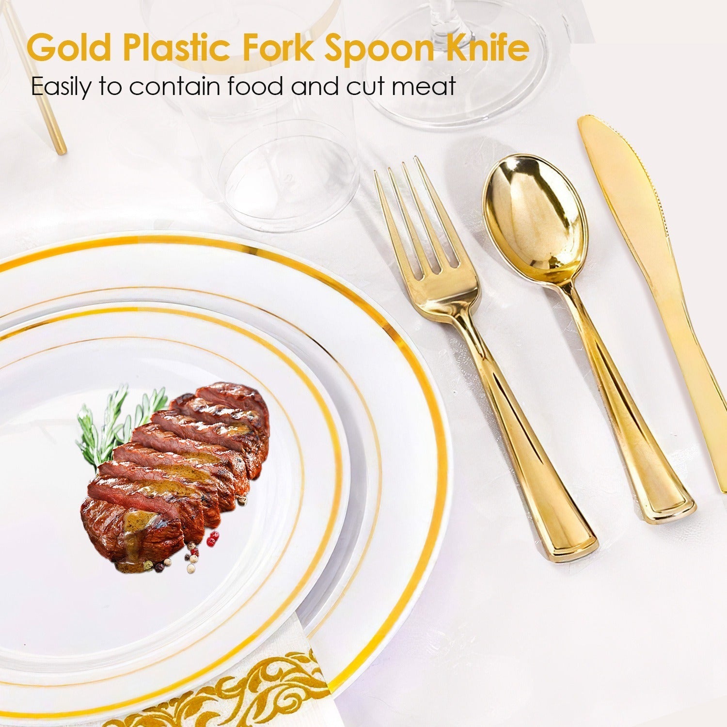 175Pcs Disposable Gold Dinnerware Set Gold Rim Plastic Plates Cups