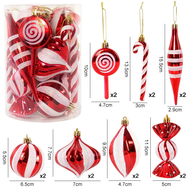 14pcs/box Christmas Ball Ornaments Red Candy Cane Xmas Tree Hanging