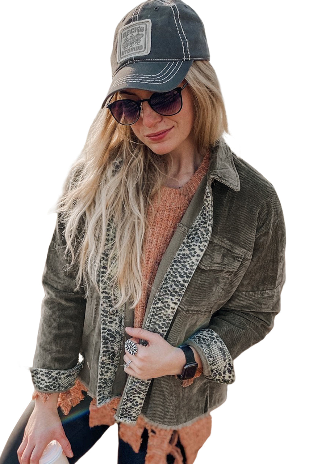 Gray Contrast Snakeskin Trim Pocketed Corduroy Jacket