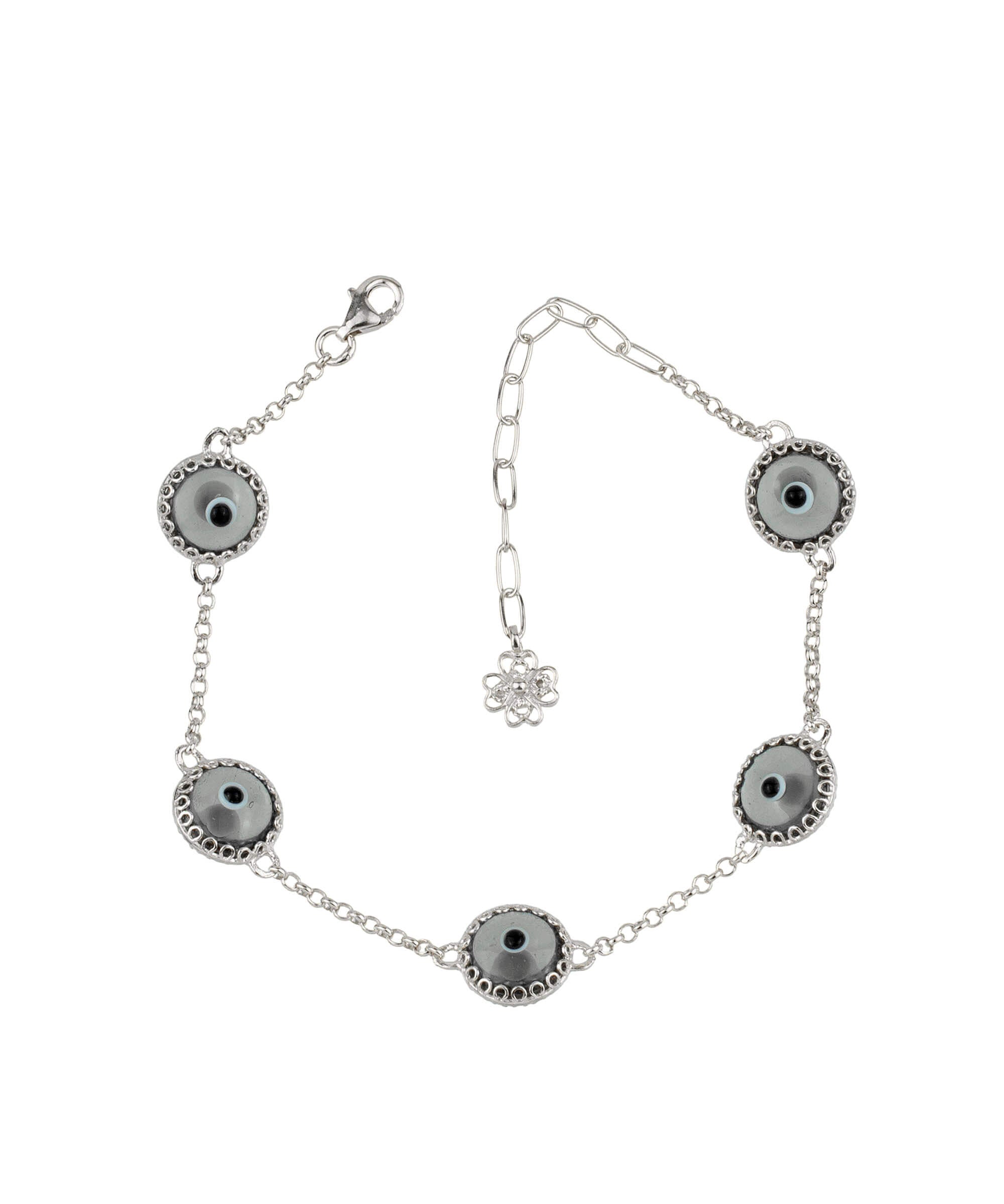 5 Beads Smokey Evil Eye Women Silver Link Bracelet