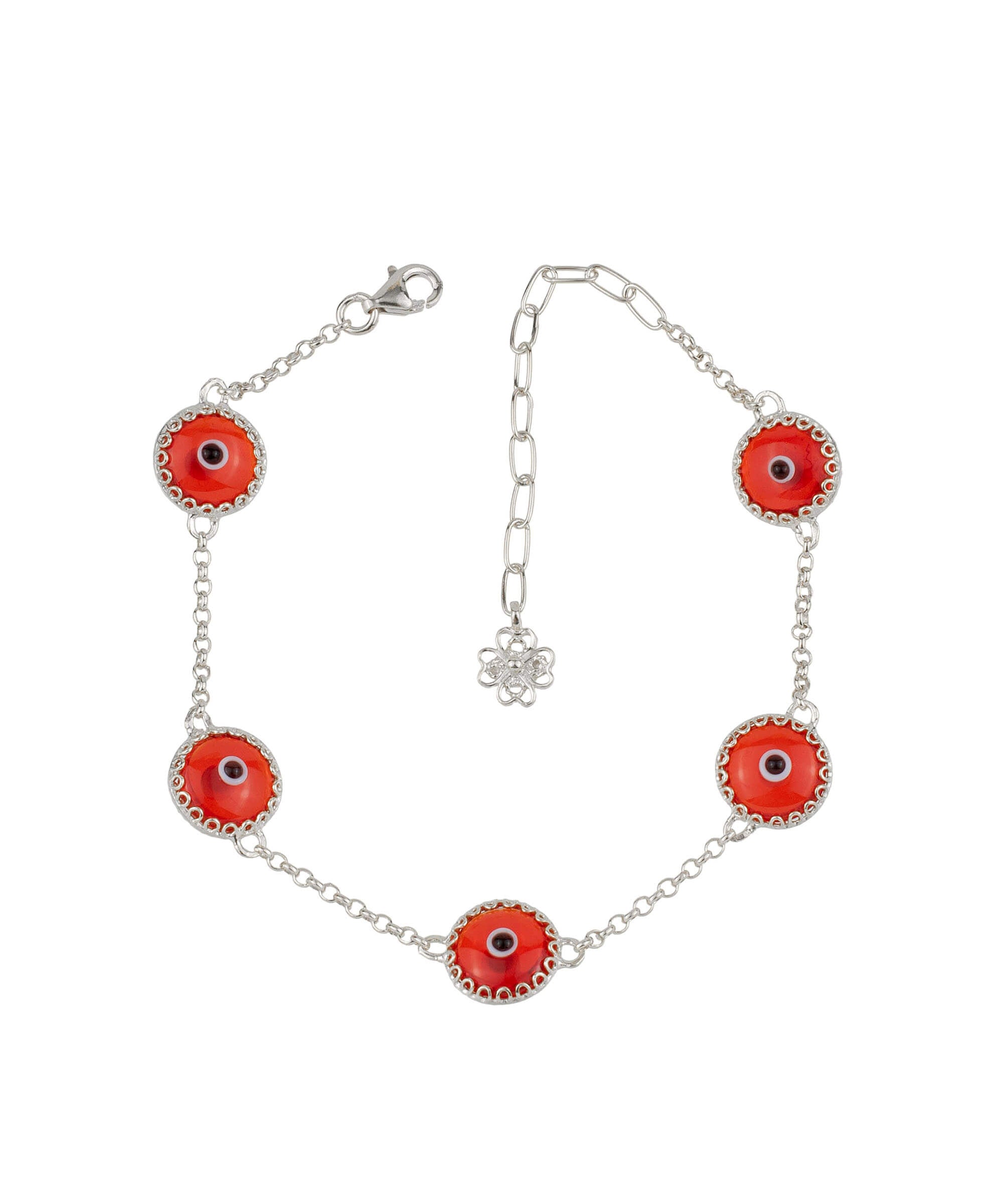 5 Beads Scarlet Evil Eye Women Silver Link Bracelet