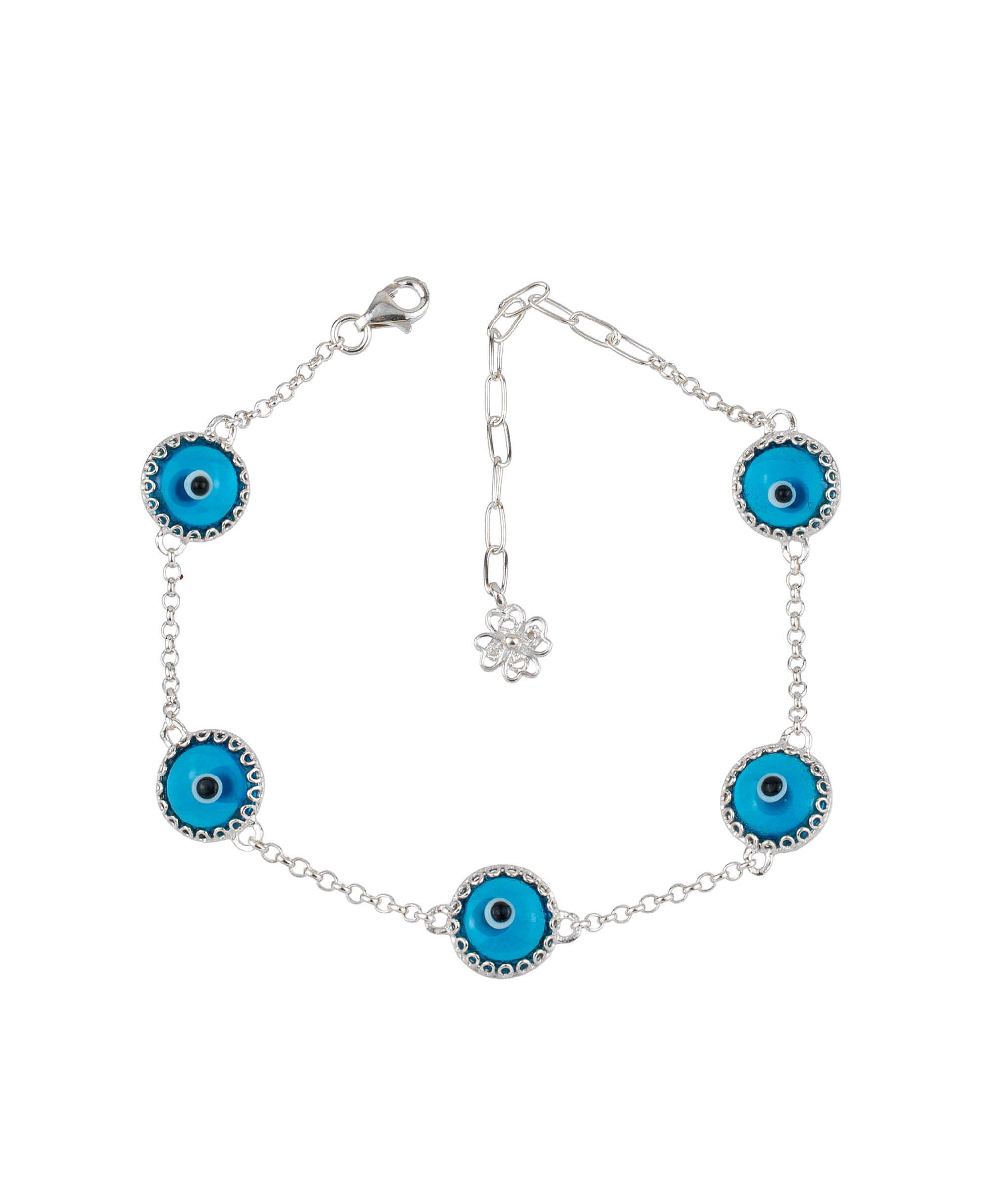 5 Beads Lapis Blue Evil Eye Women Silver Link Bracelet