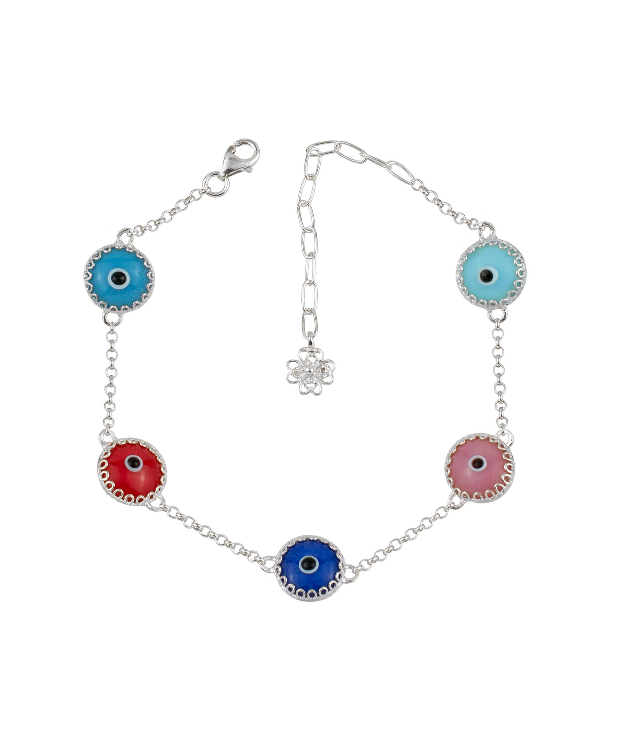 5 Beads Multi Color Evil Eye Women Silver Link Bracelet