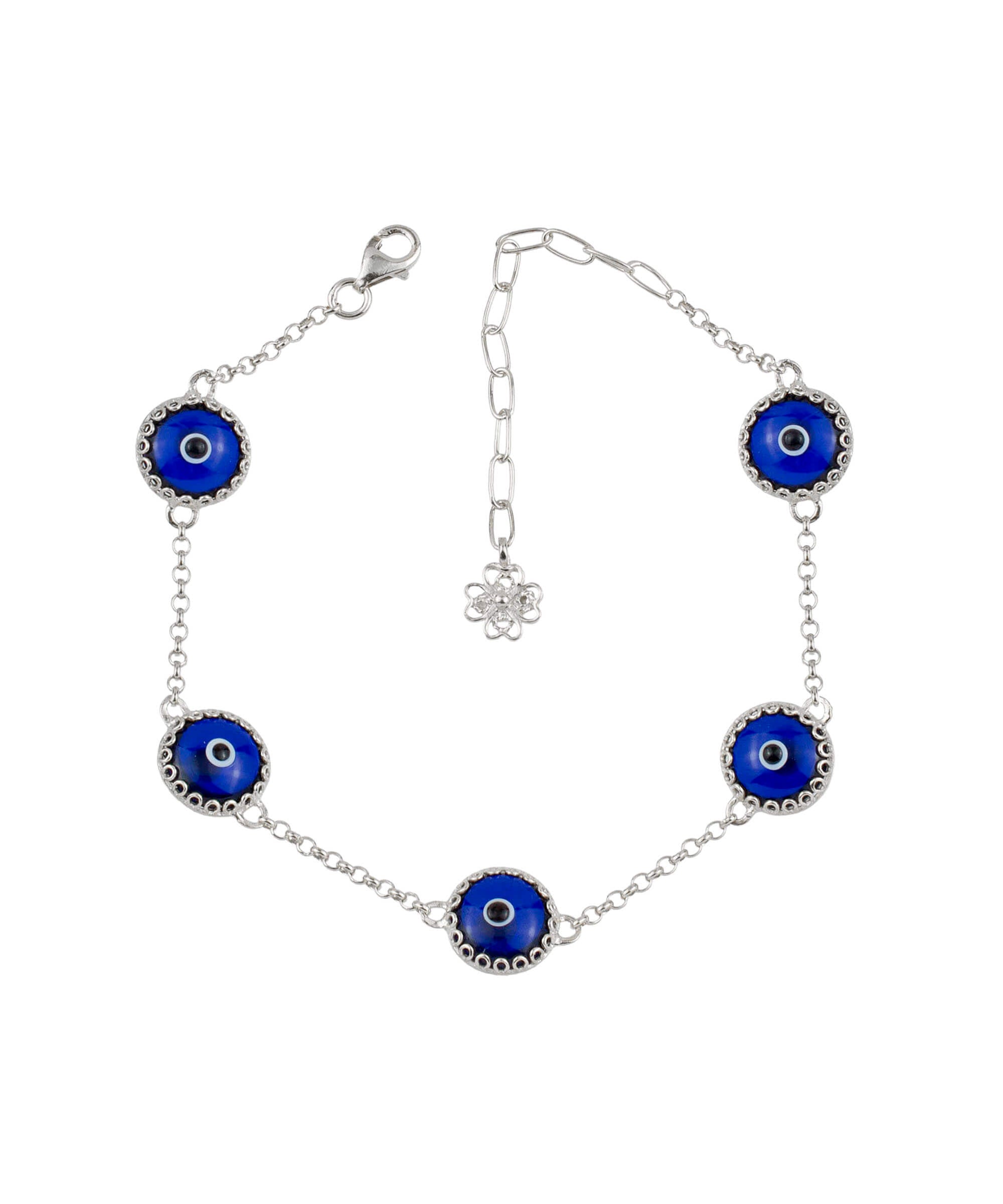 5 Beads Dark Blue Evil Eye Women Silver Link Bracelet