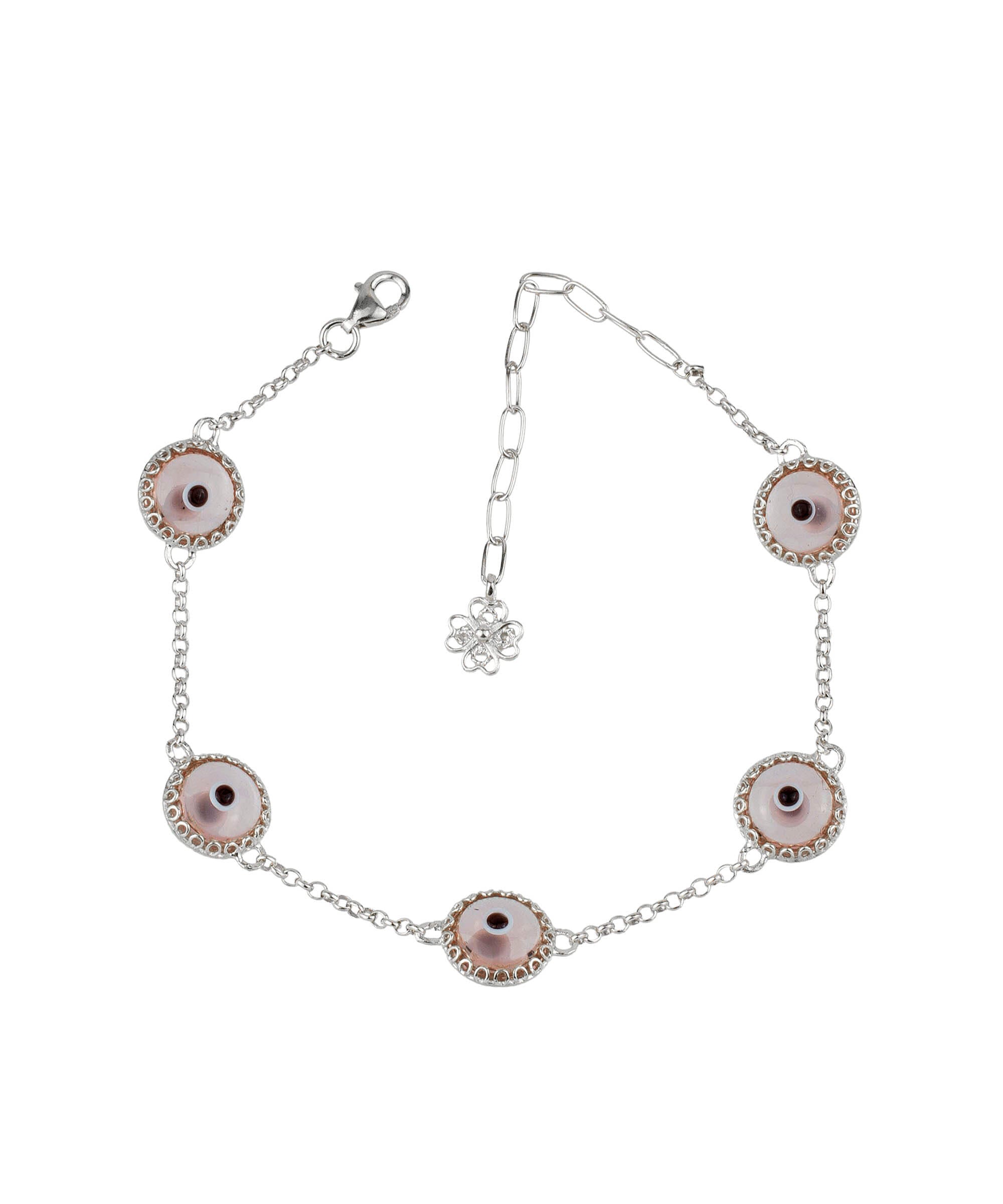 5 Beads Pink Evil Eye Women Silver Link Bracelet