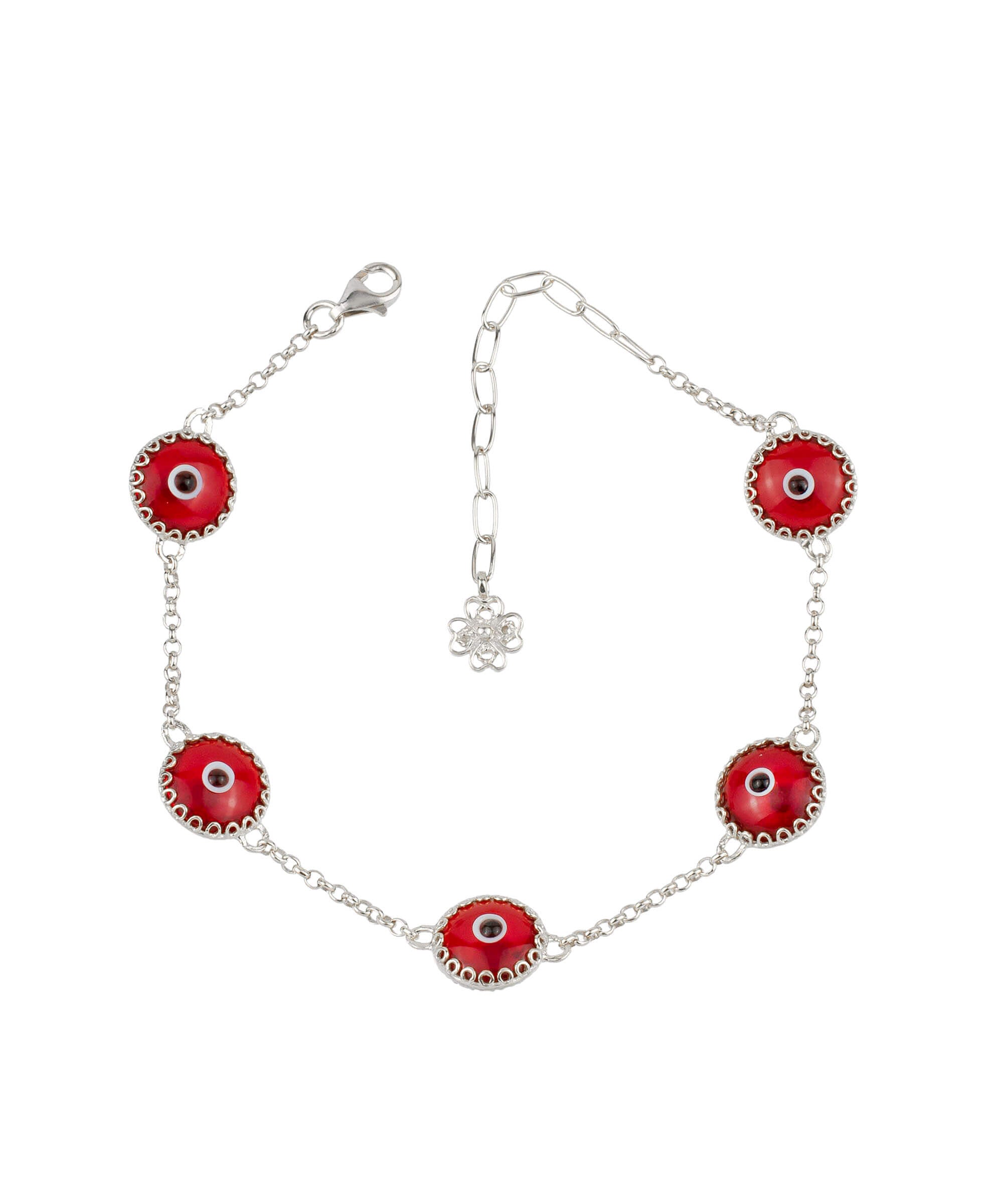 5 Beads Red Evil Eye Women Silver Link Bracelet