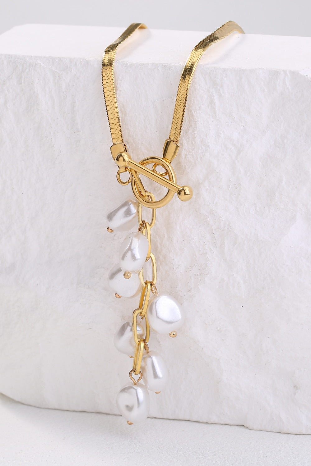 Pearl Fringe Herringbone Chain Link Necklace