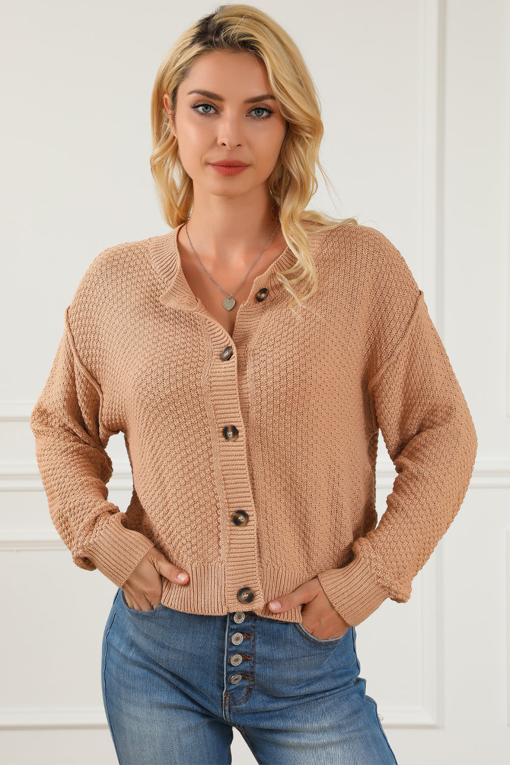 Khaki Button Front Drop Shoulder Knitted Cardigan