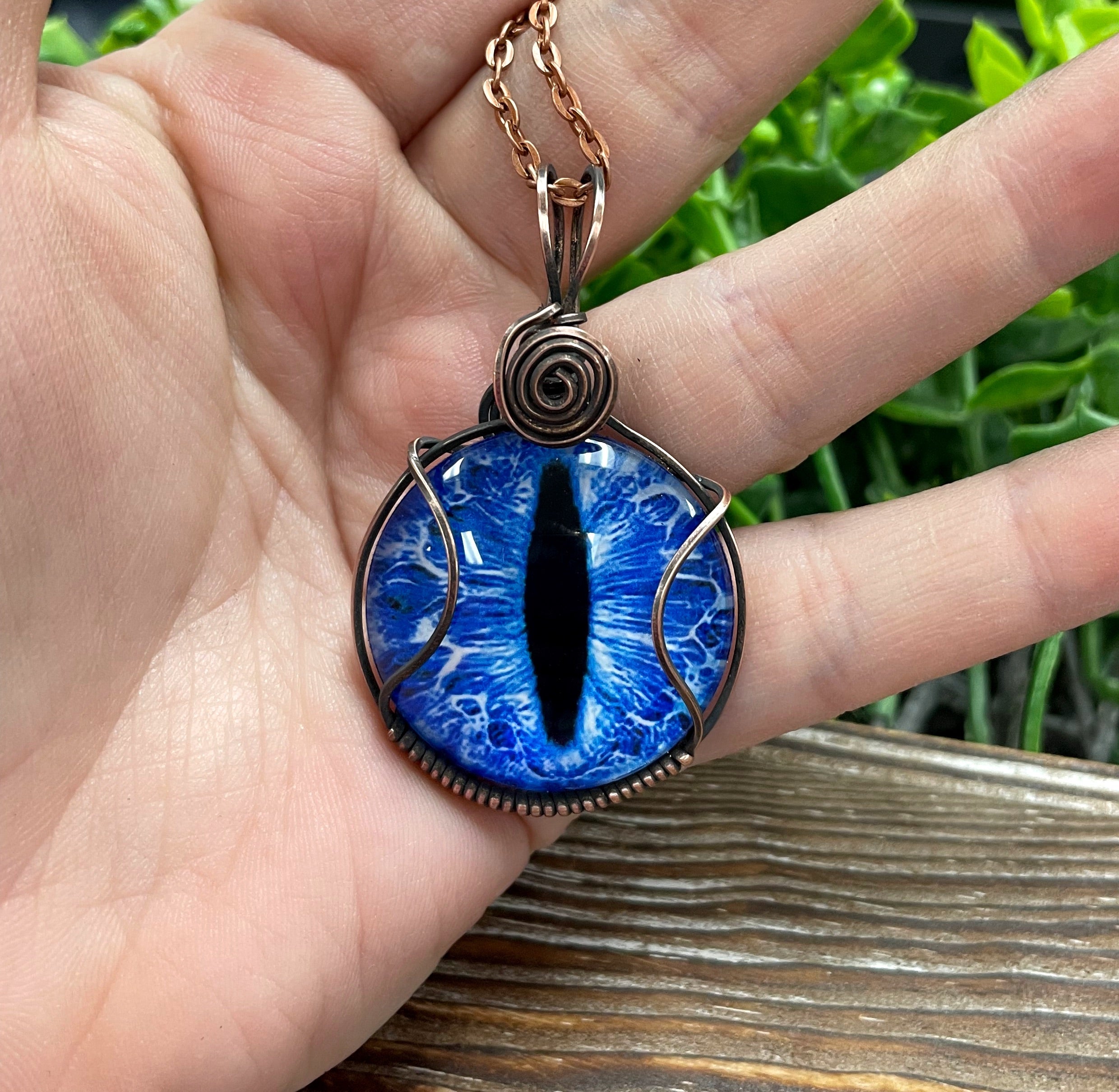 Wire Wrapped Blue Dragon Eye Glass Cabochon Pendant