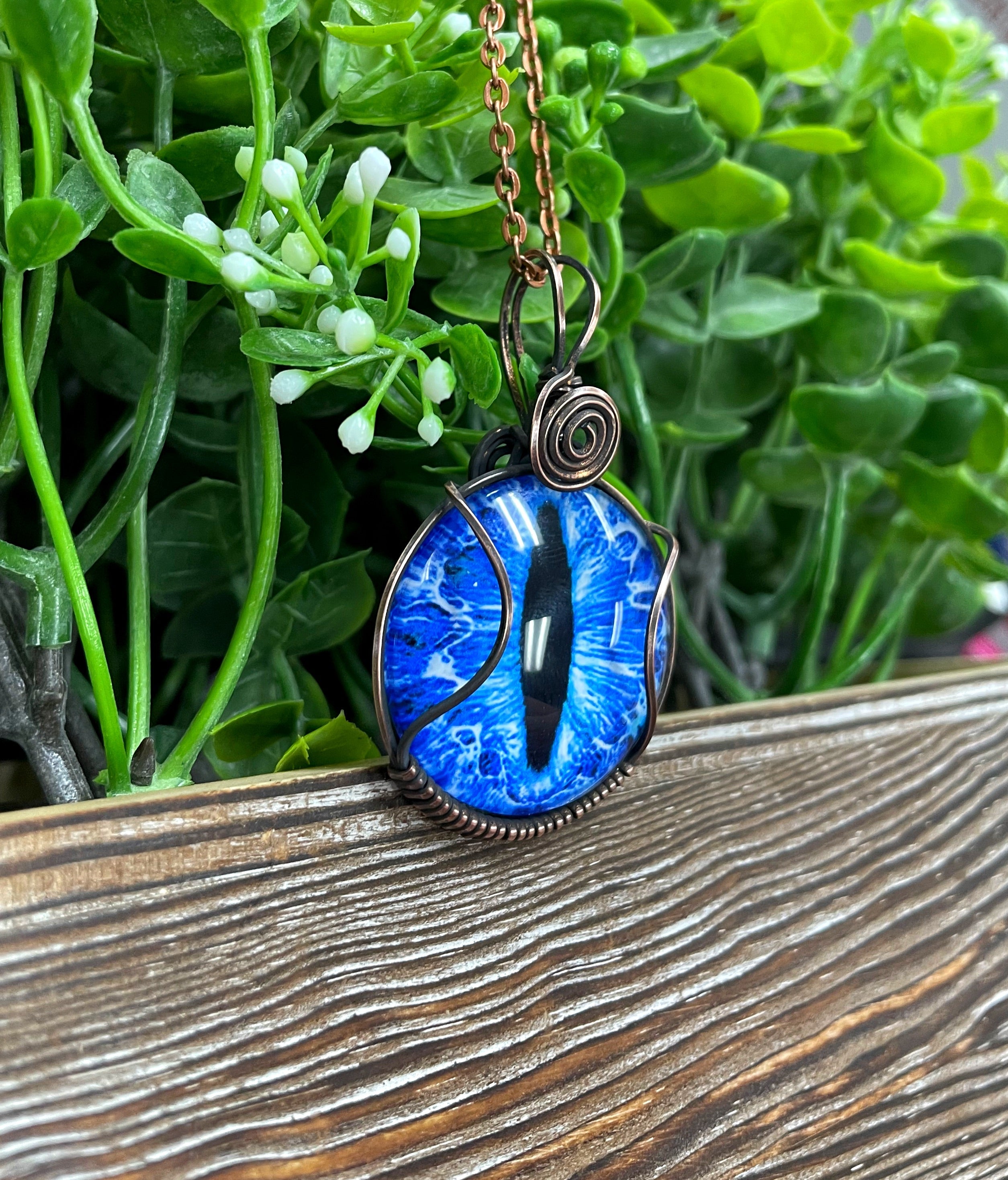 Wire Wrapped Blue Dragon Eye Glass Cabochon Pendant