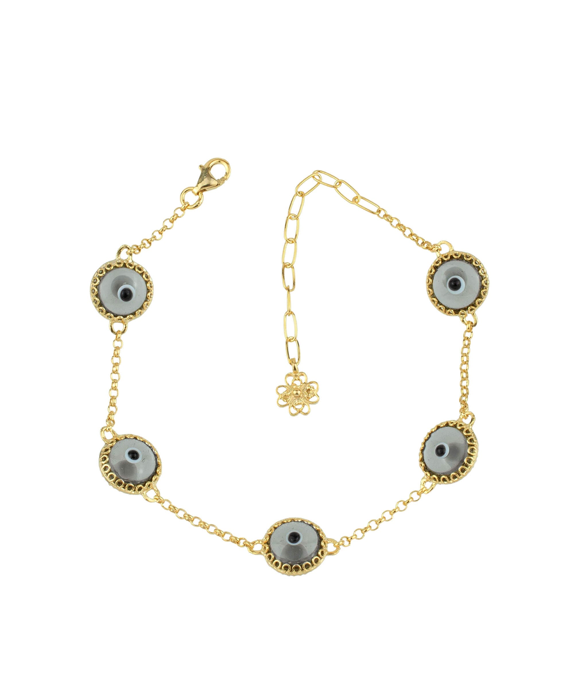 5 Beads Smokey Evil Eye Women Gold Plated Silver Link Bracelet