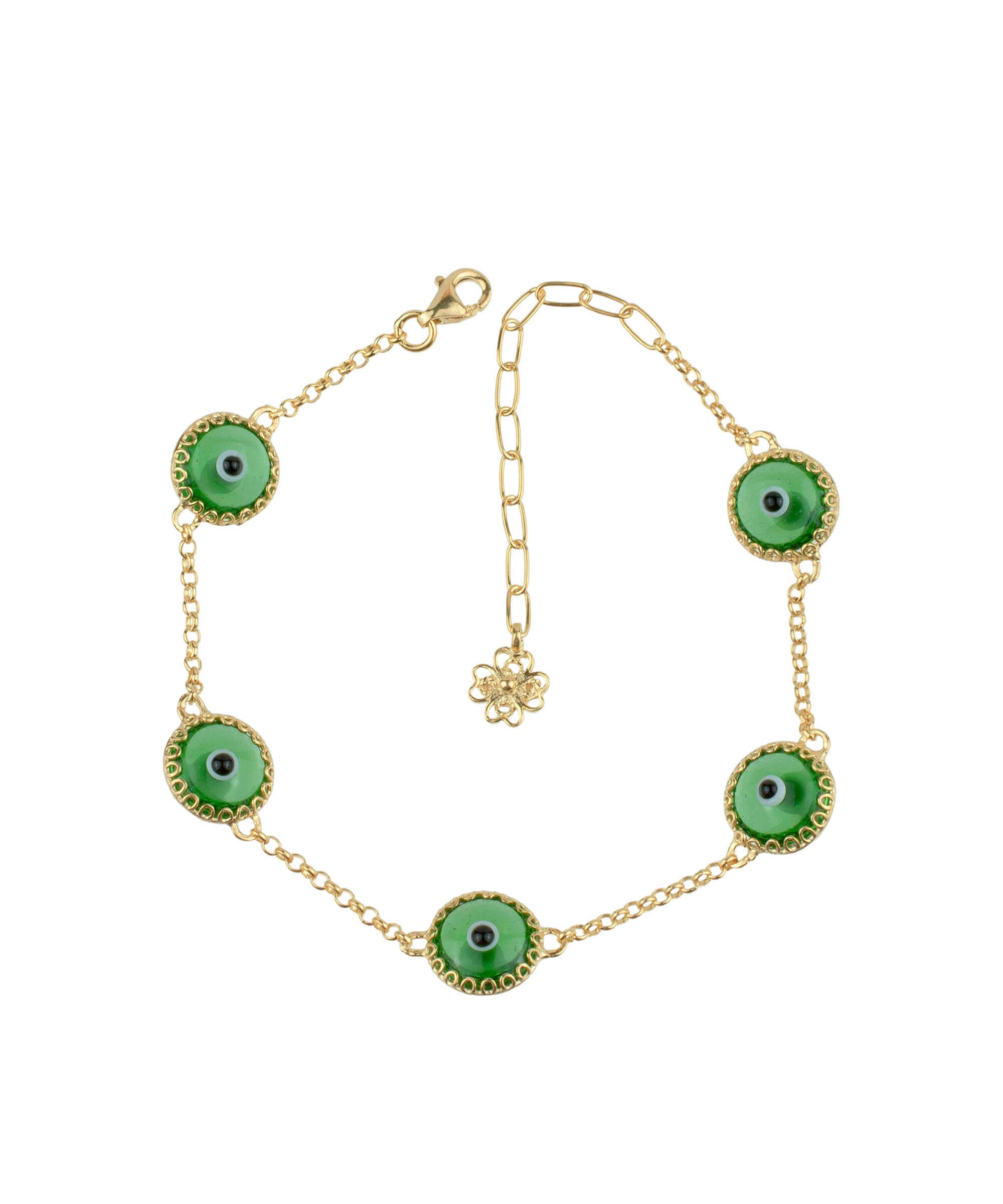 5 Beads Mint Green Evil Eye Women Gold Plated Silver Link Bracelet